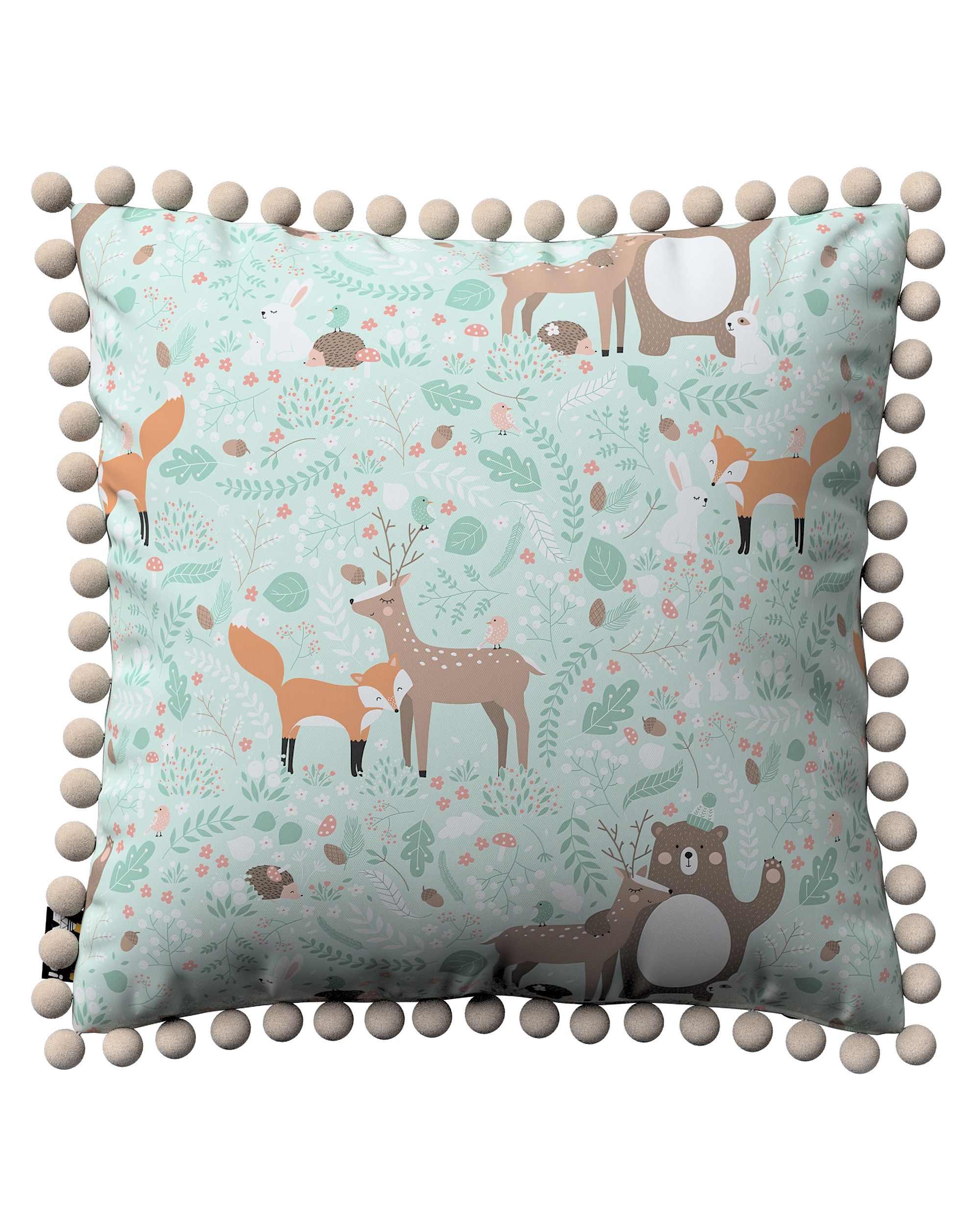 Daisy cushion covers with pom poms colour green fabric patterned