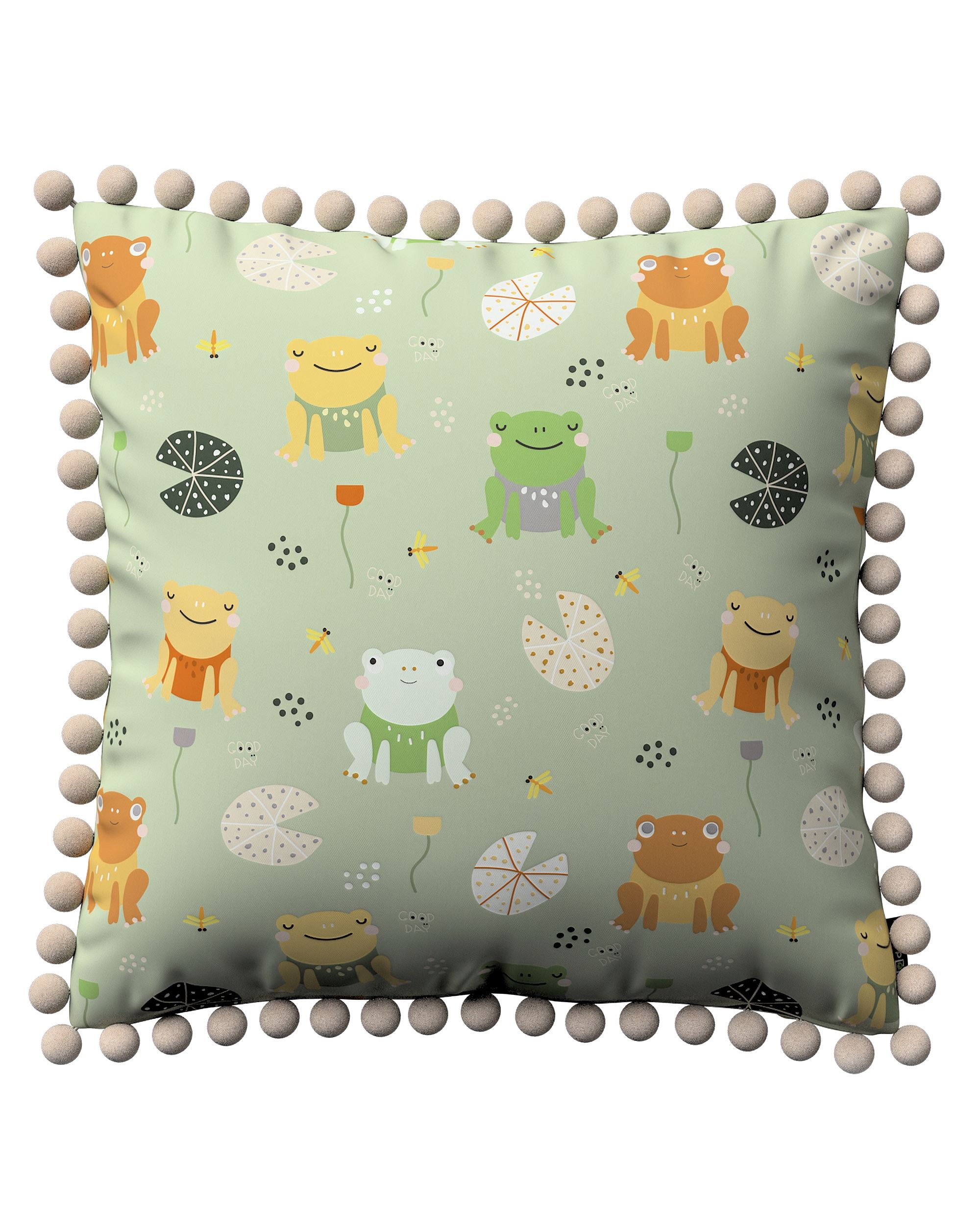 Daisy cushion covers with pom poms colour green fabric patterned