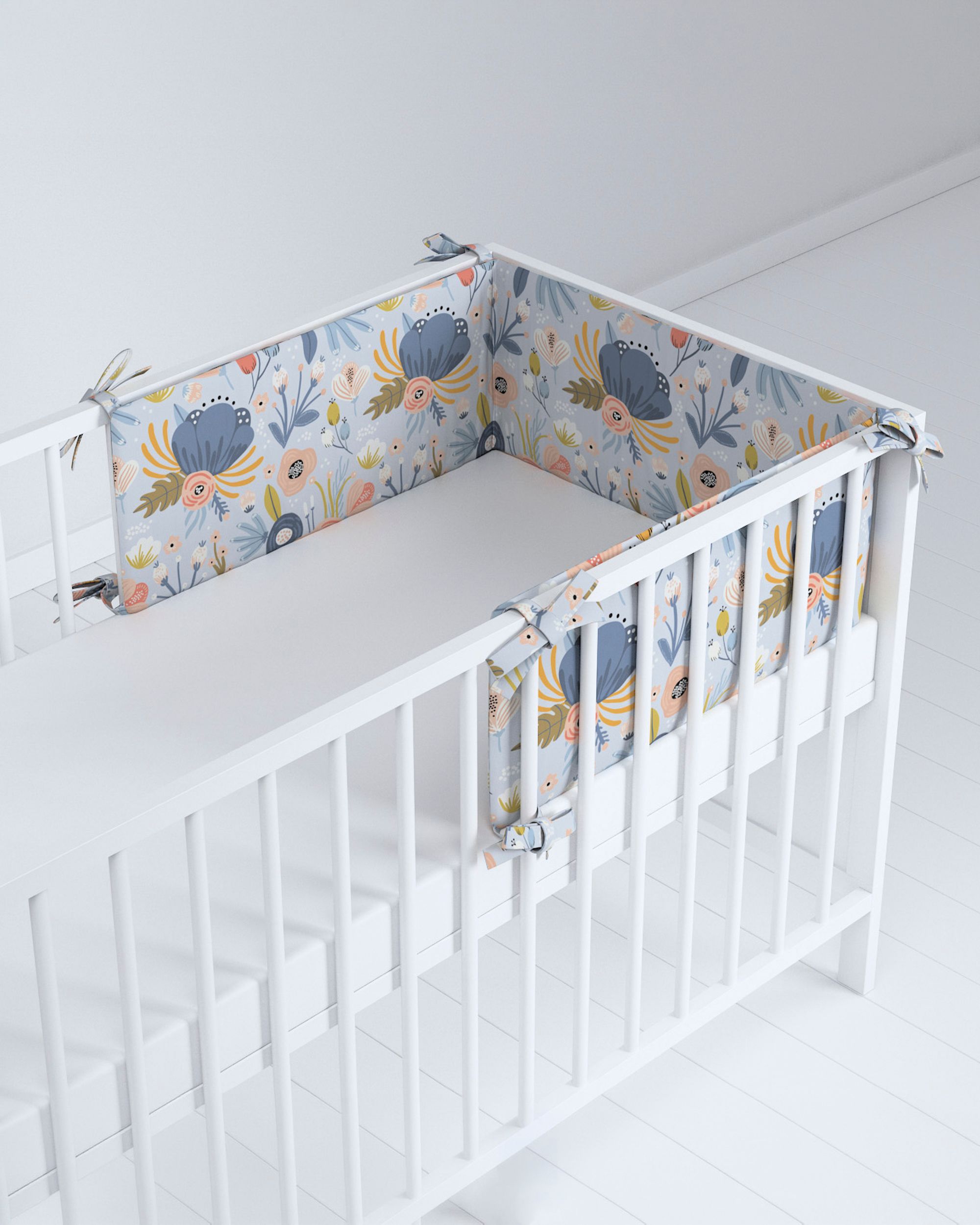 Crib bumper colour blue fabric patterned (hover)