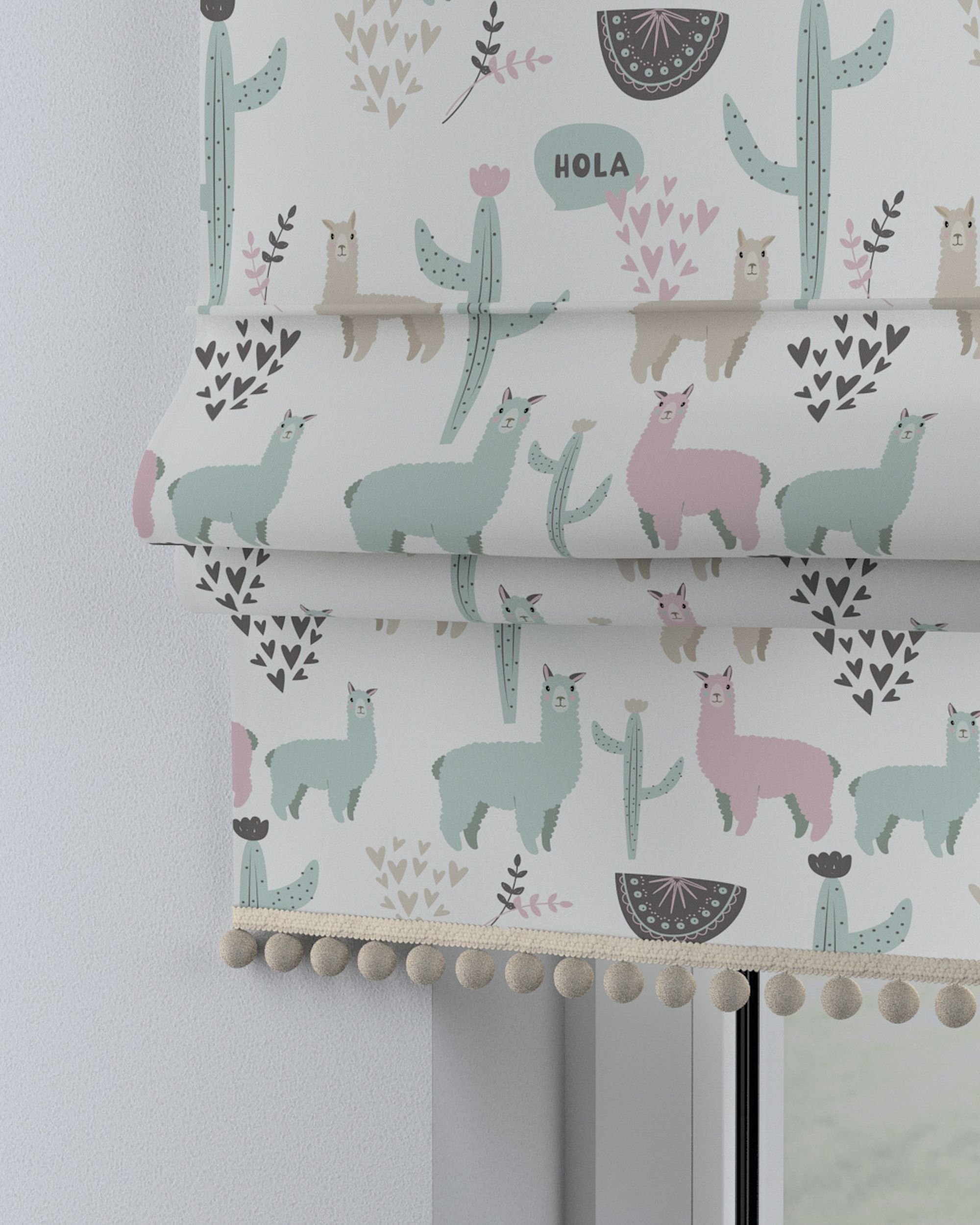 Roman blind with pompoms colour green fabric patterned