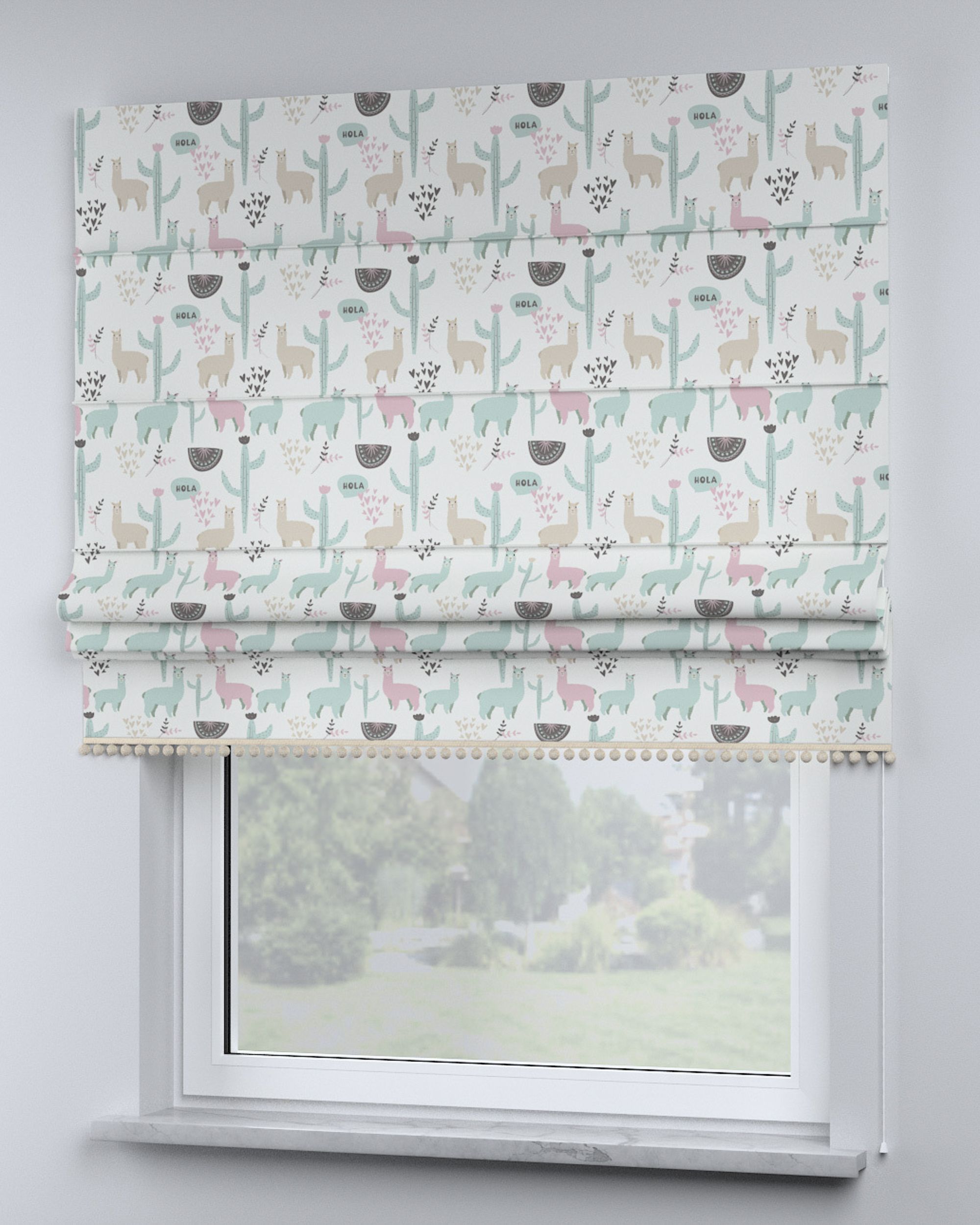 Roman blind with pompoms colour green fabric patterned (hover)