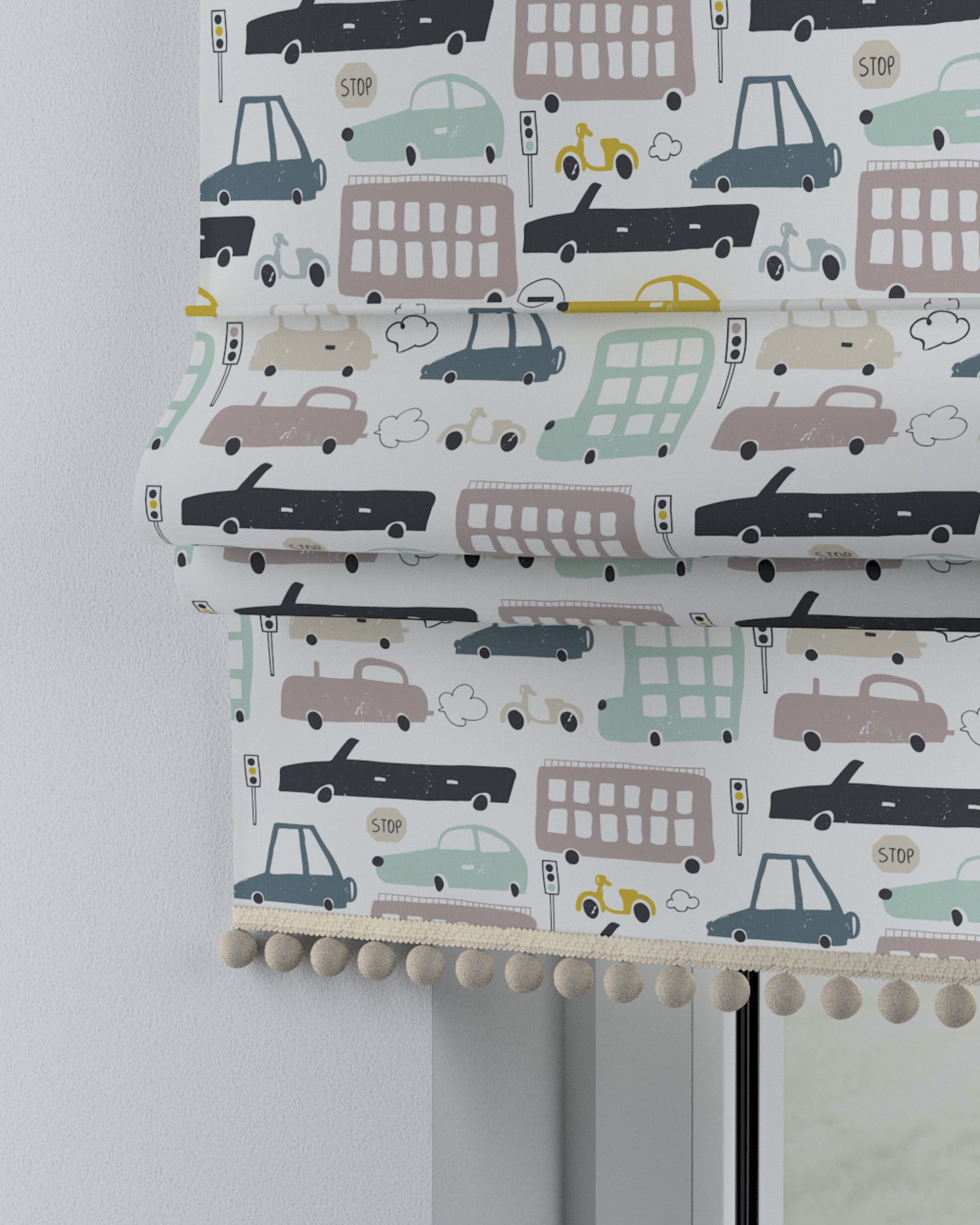 Roman blind with pompoms colour beige fabric patterned
