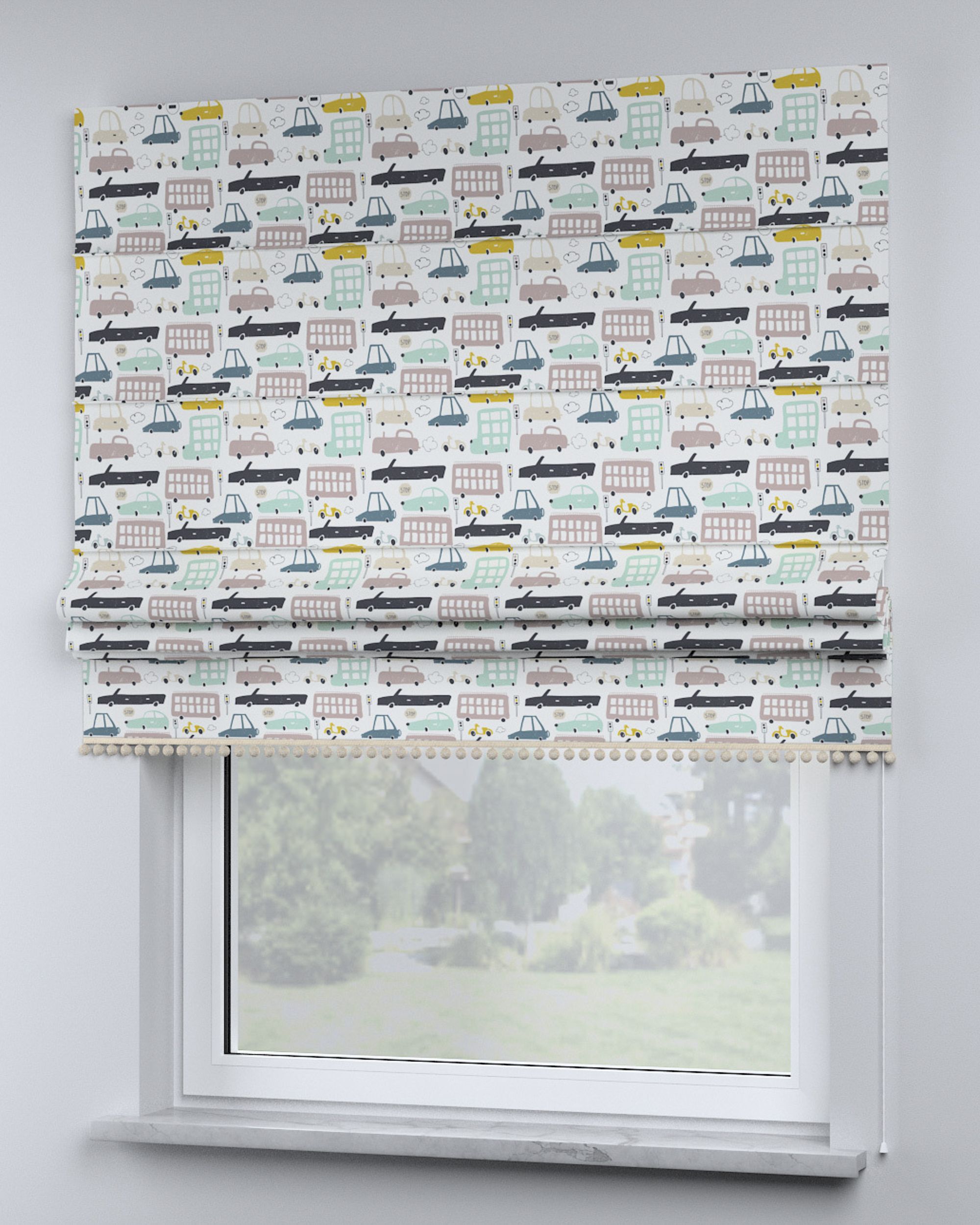 Roman blind with pompoms colour beige fabric patterned (hover)