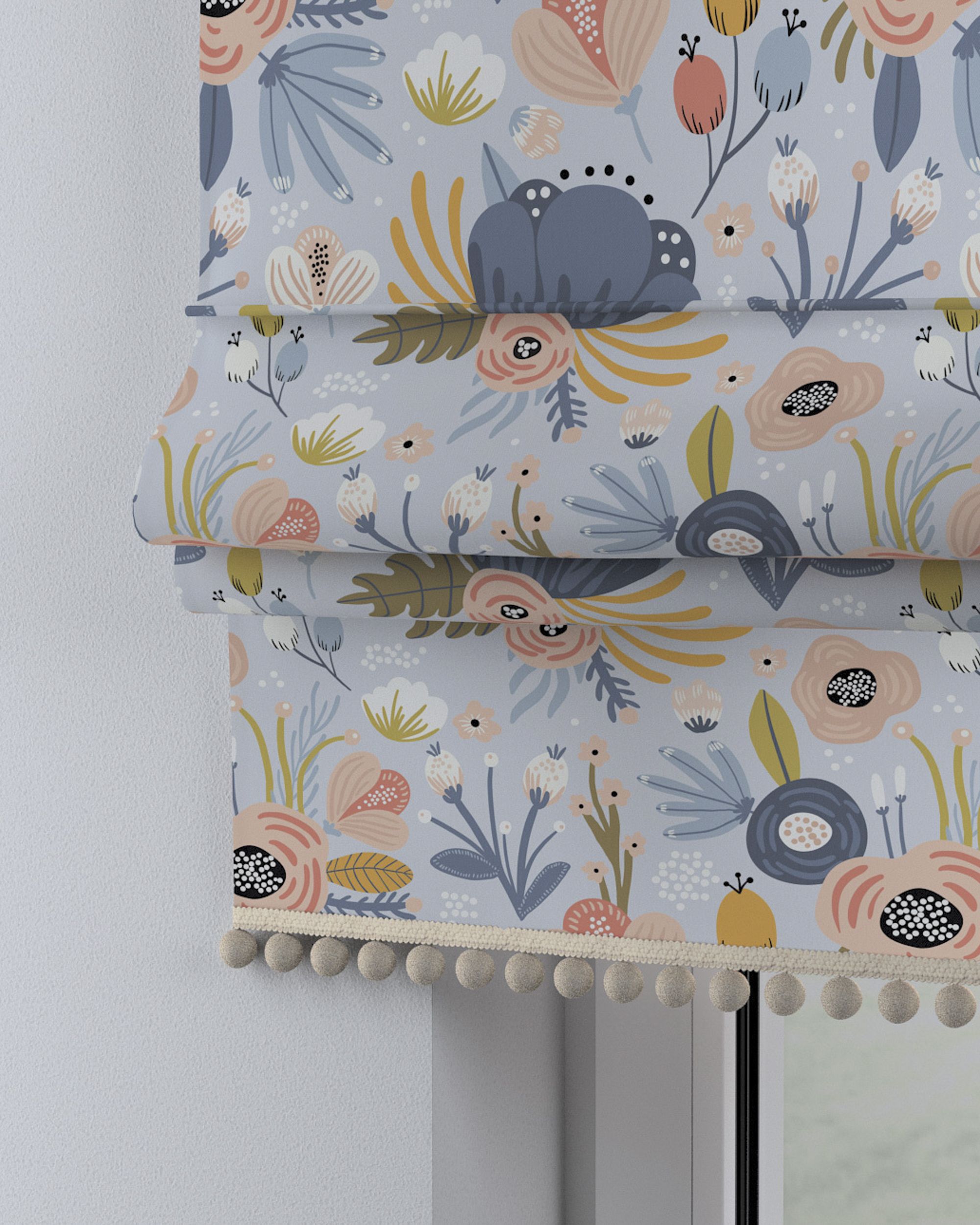 Roman blind with pompoms colour blue fabric patterned