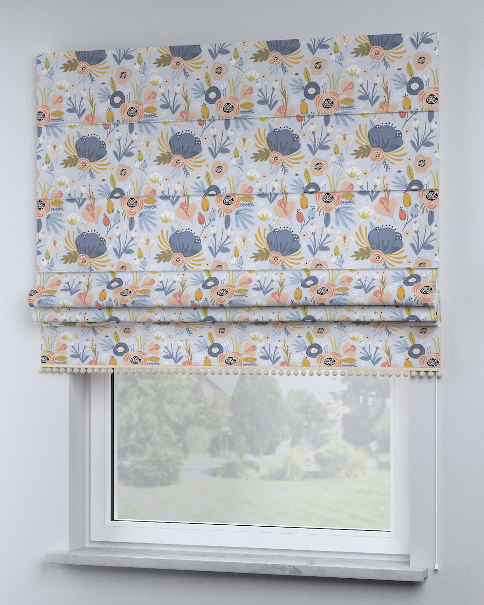 Roman blind with pompoms colour blue fabric patterned (hover)