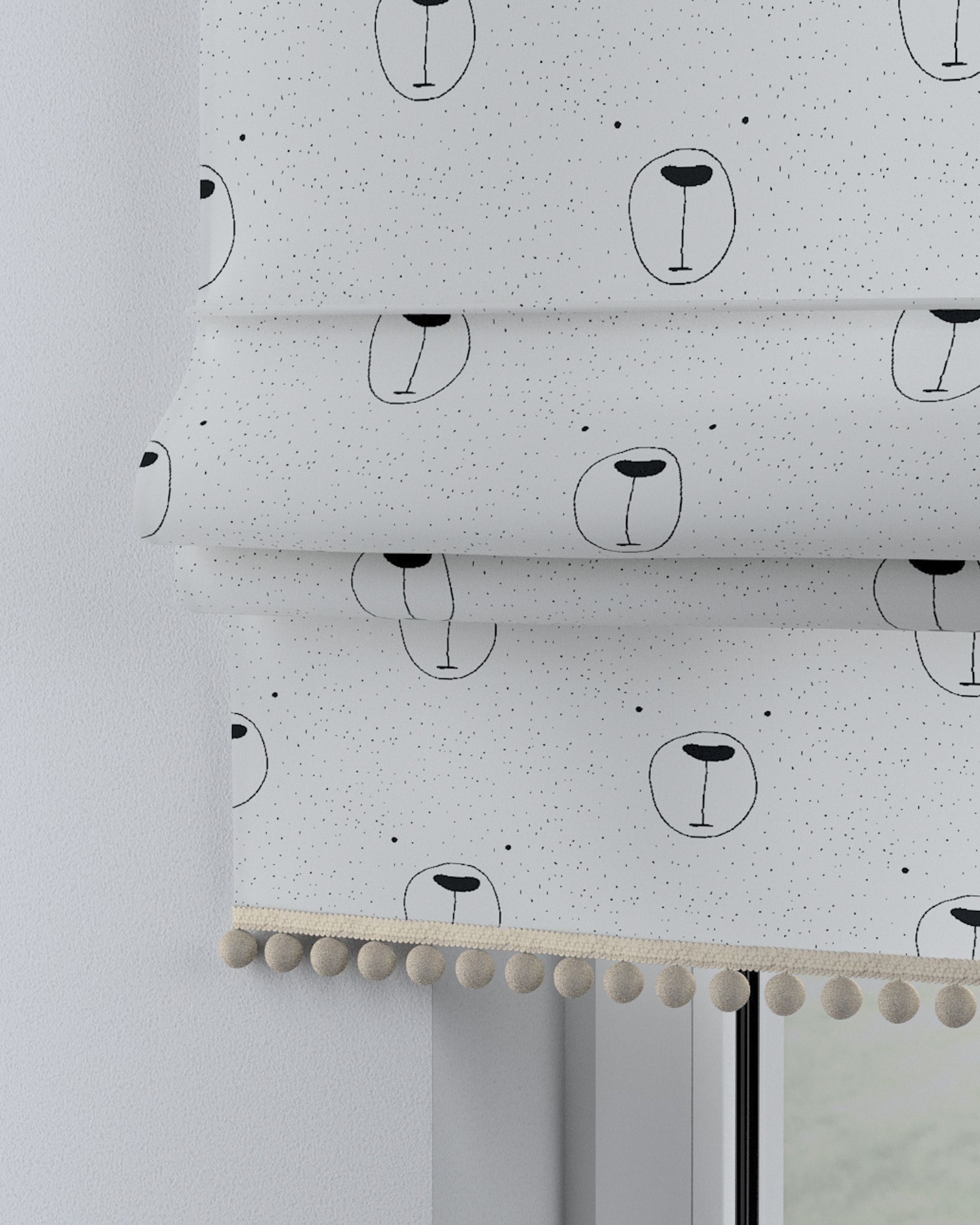 Roman blind with pompoms colour white fabric patterned