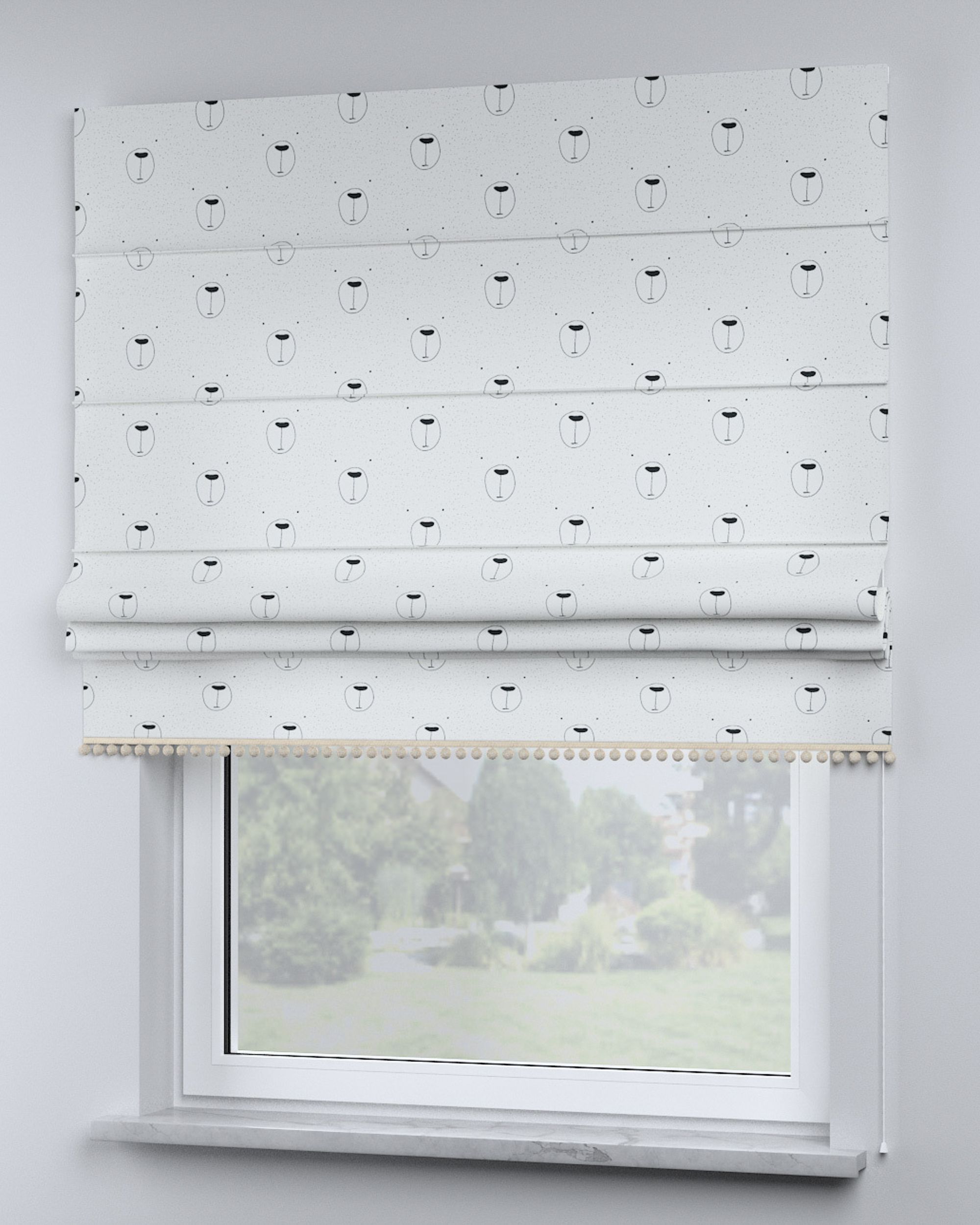 Roman blind with pompoms colour white fabric patterned (hover)