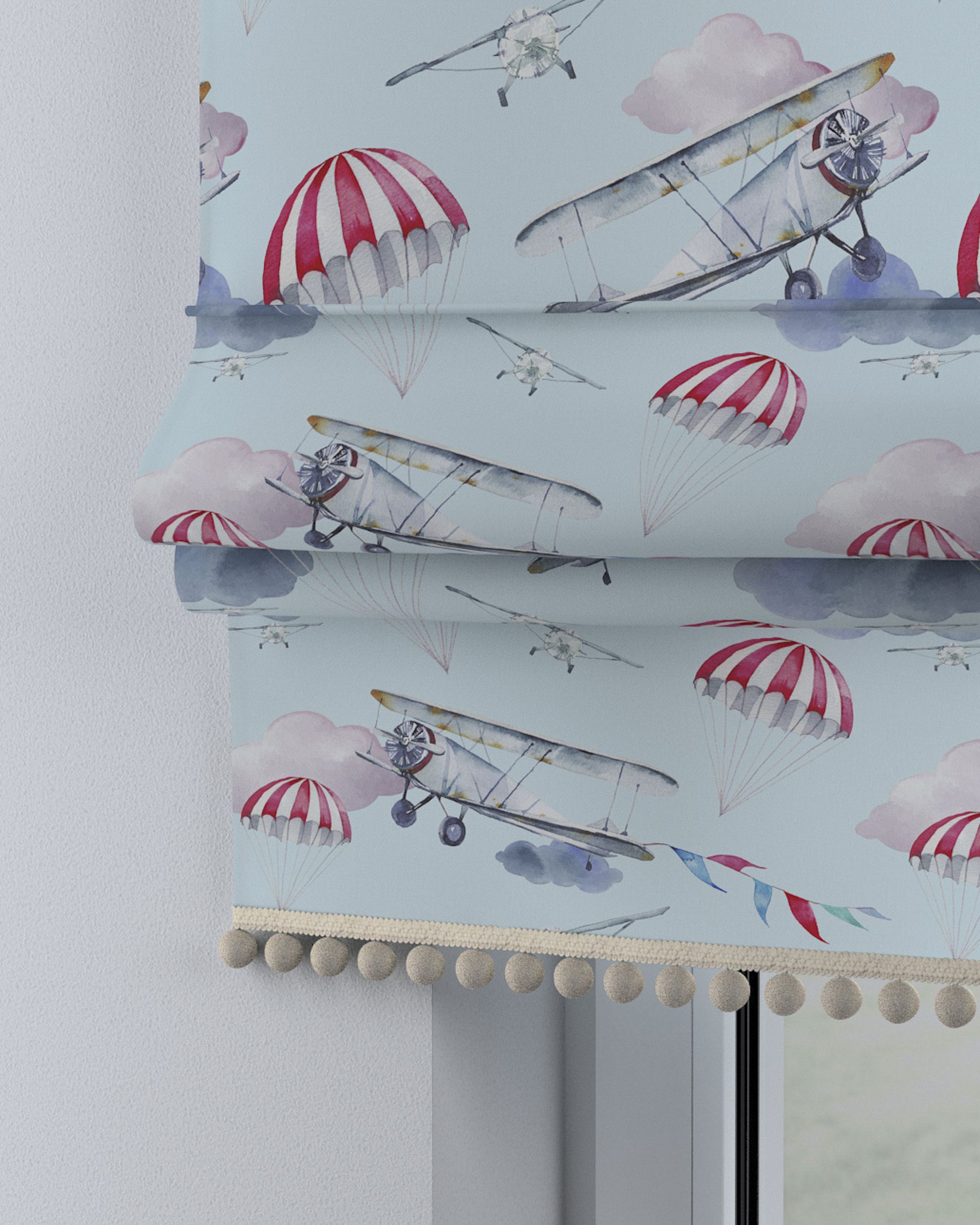 Roman blind with pompoms colour blue fabric patterned
