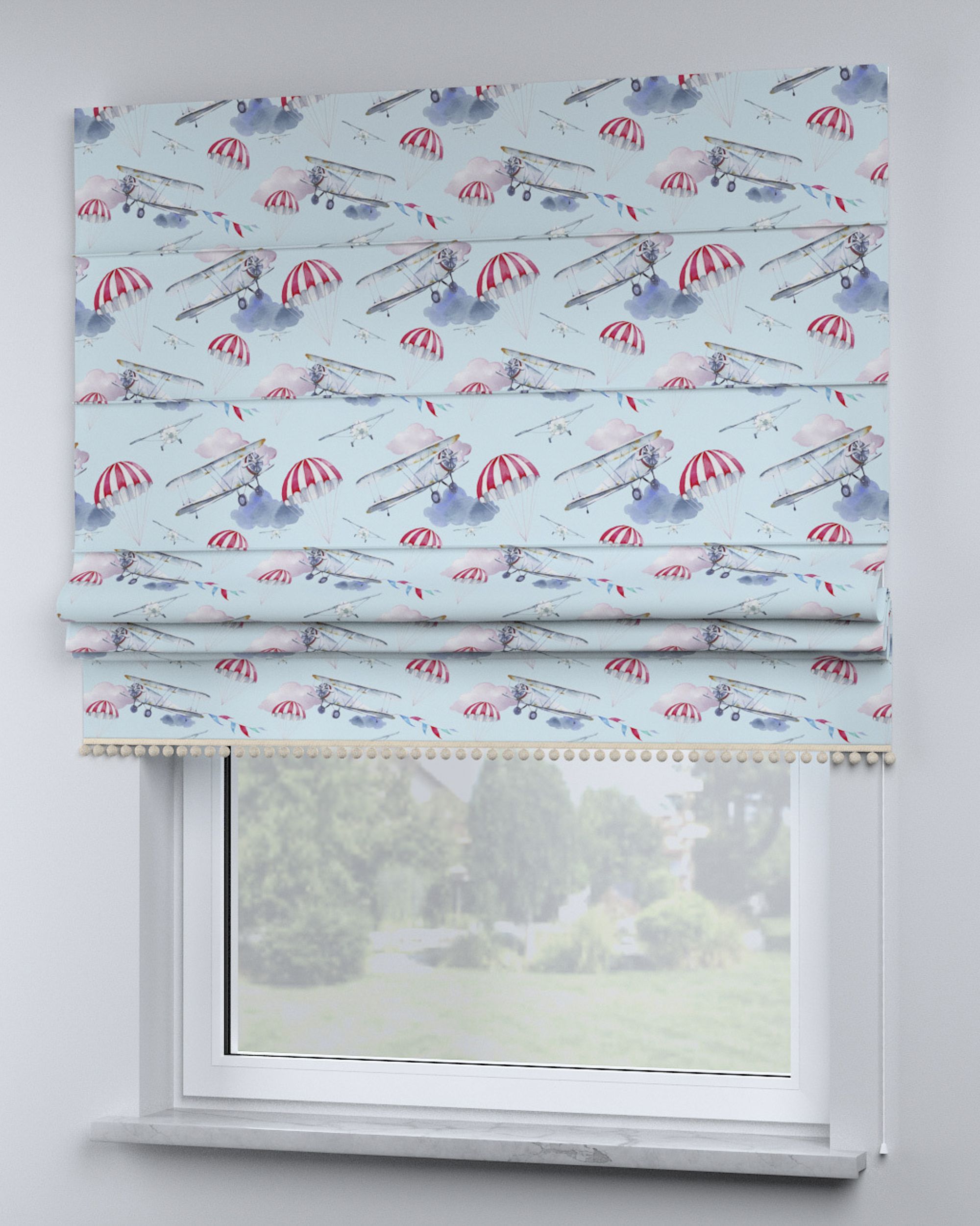Roman blind with pompoms colour blue fabric patterned (hover)