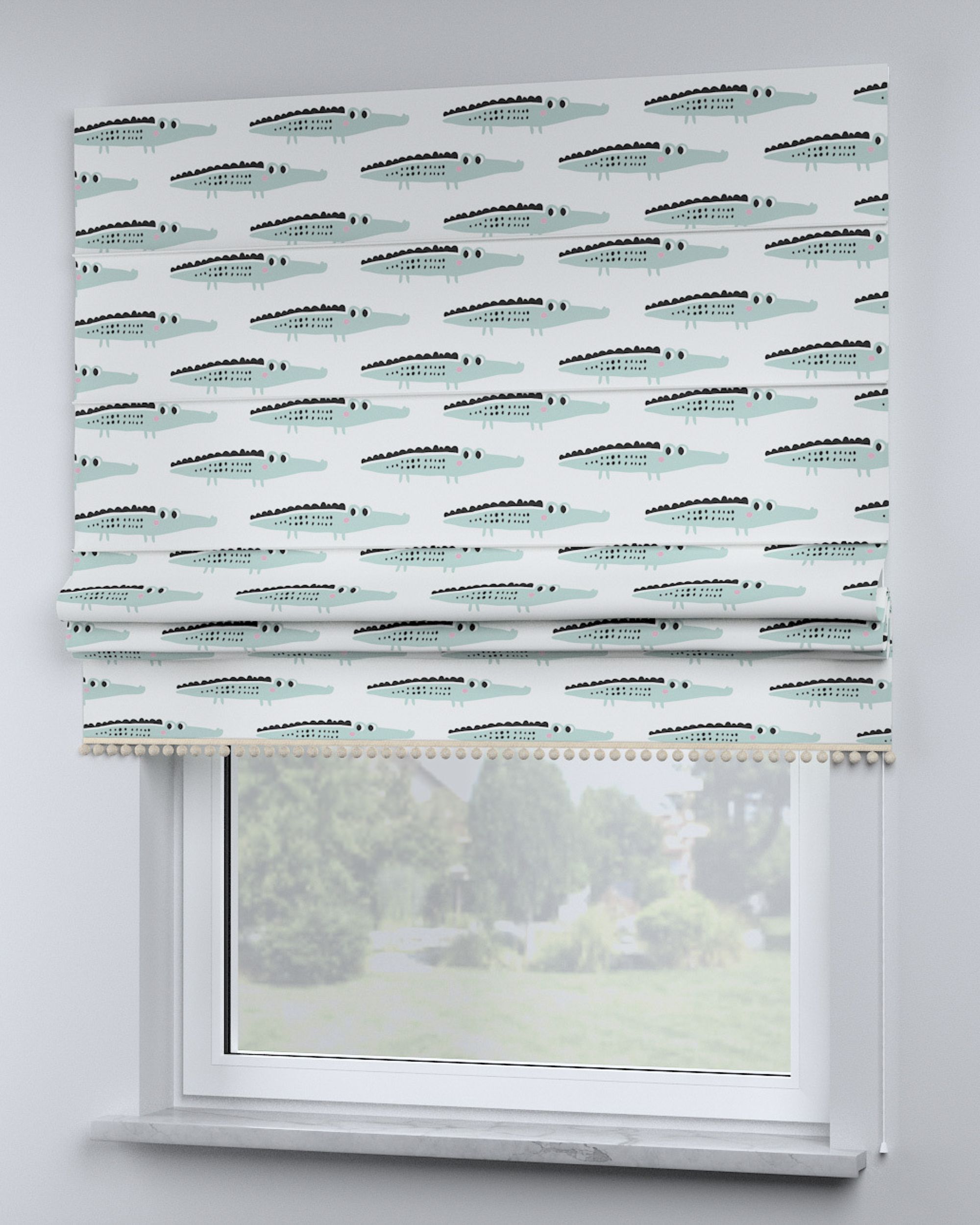 Roman blind with pompoms colour green fabric patterned (hover)