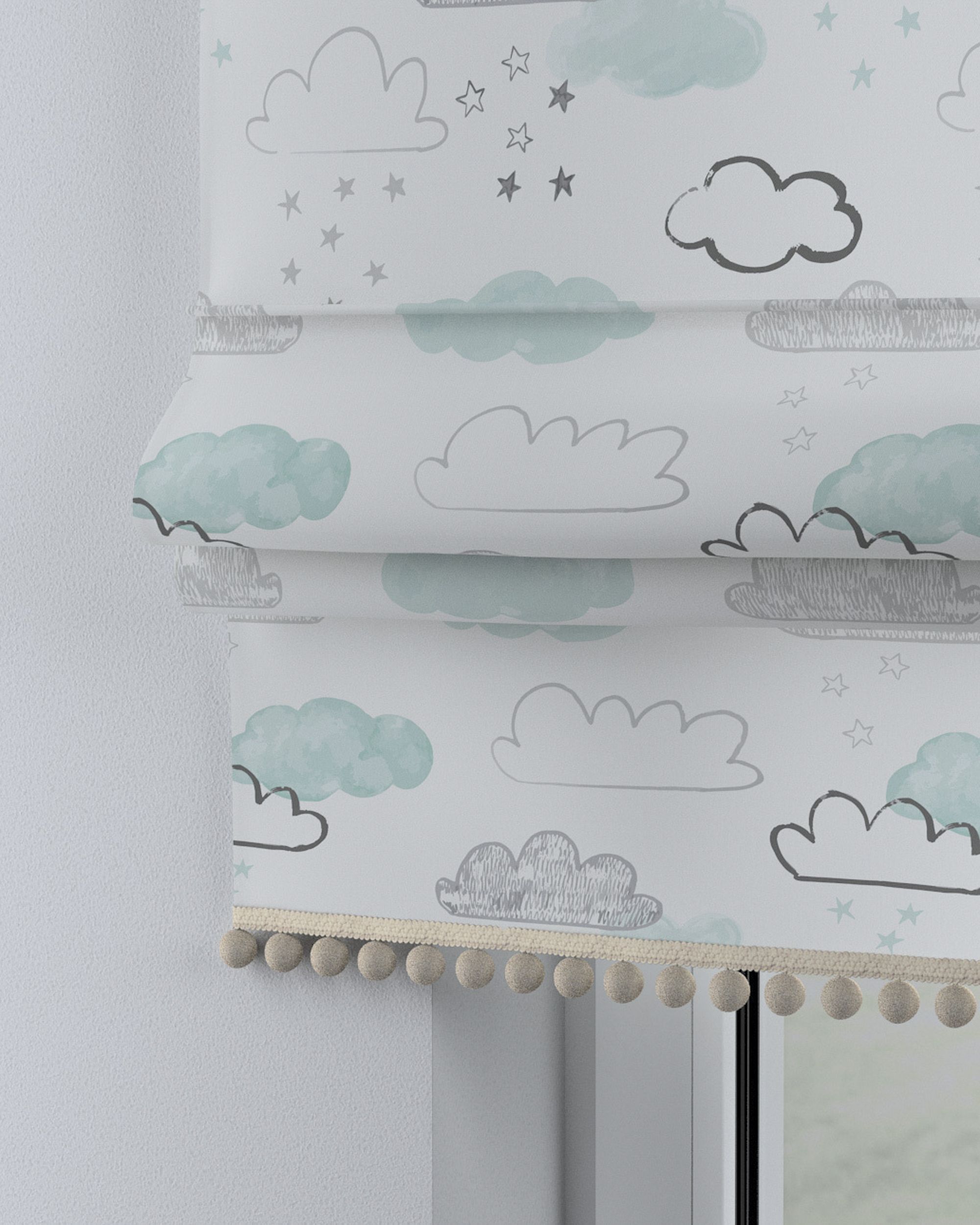 Roman blind with pompoms colour white fabric patterned