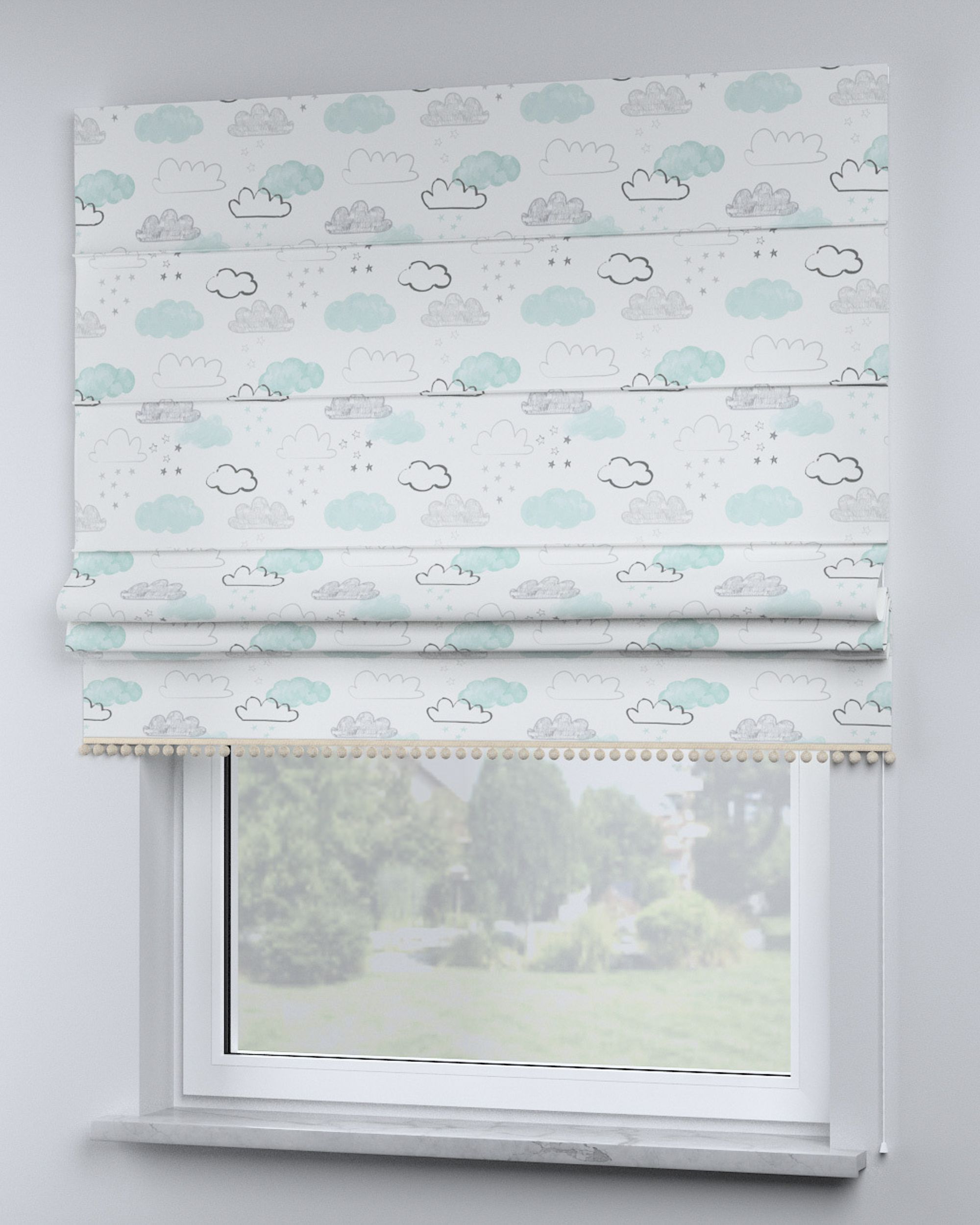 Roman blind with pompoms colour white fabric patterned (hover)