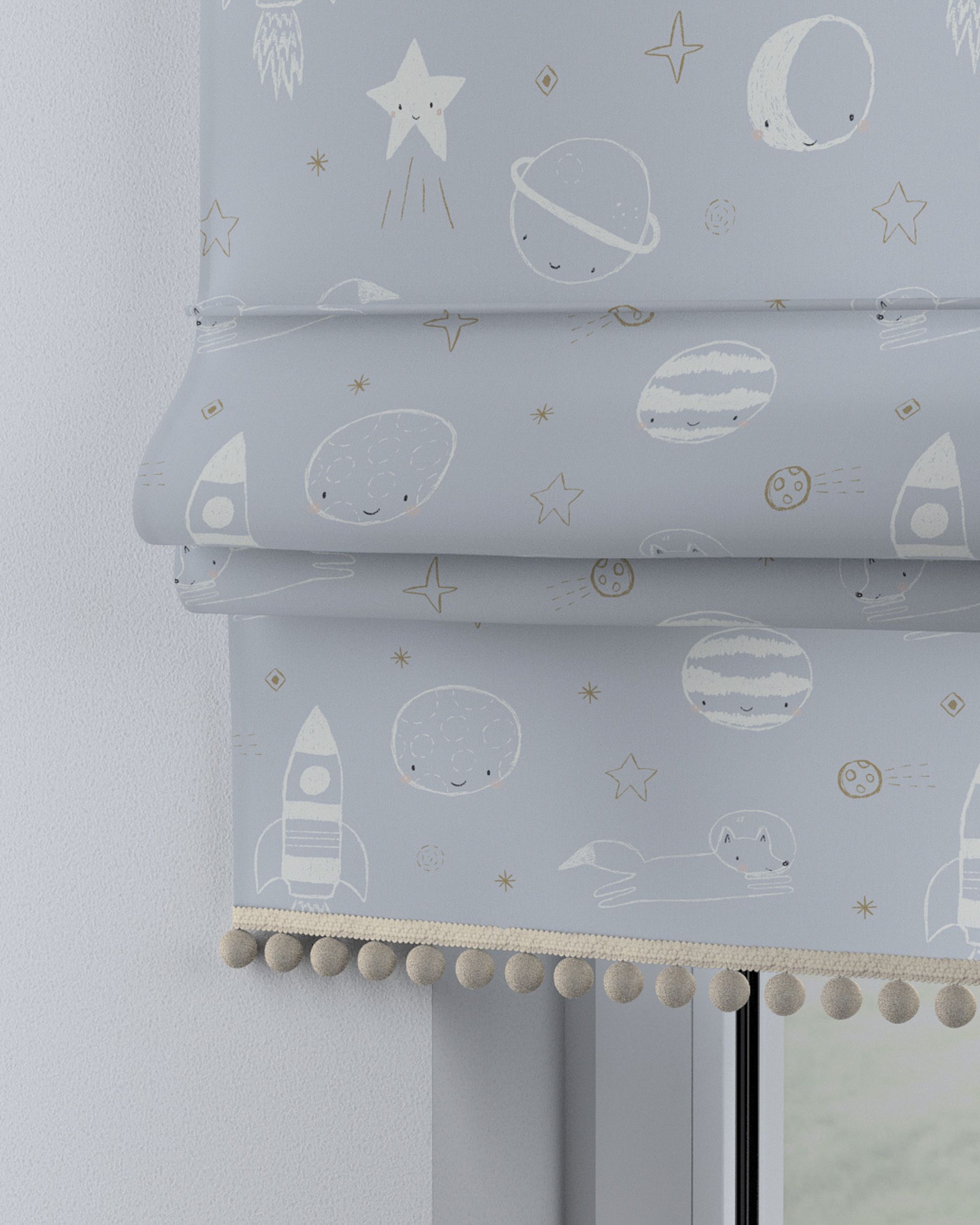 Roman blind with pompoms colour blue fabric patterned