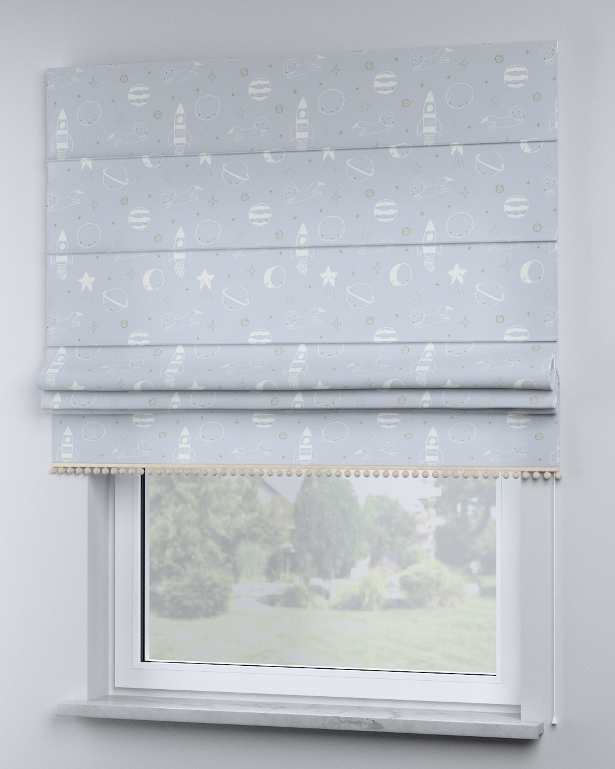 Roman blind with pompoms colour blue fabric patterned (hover)