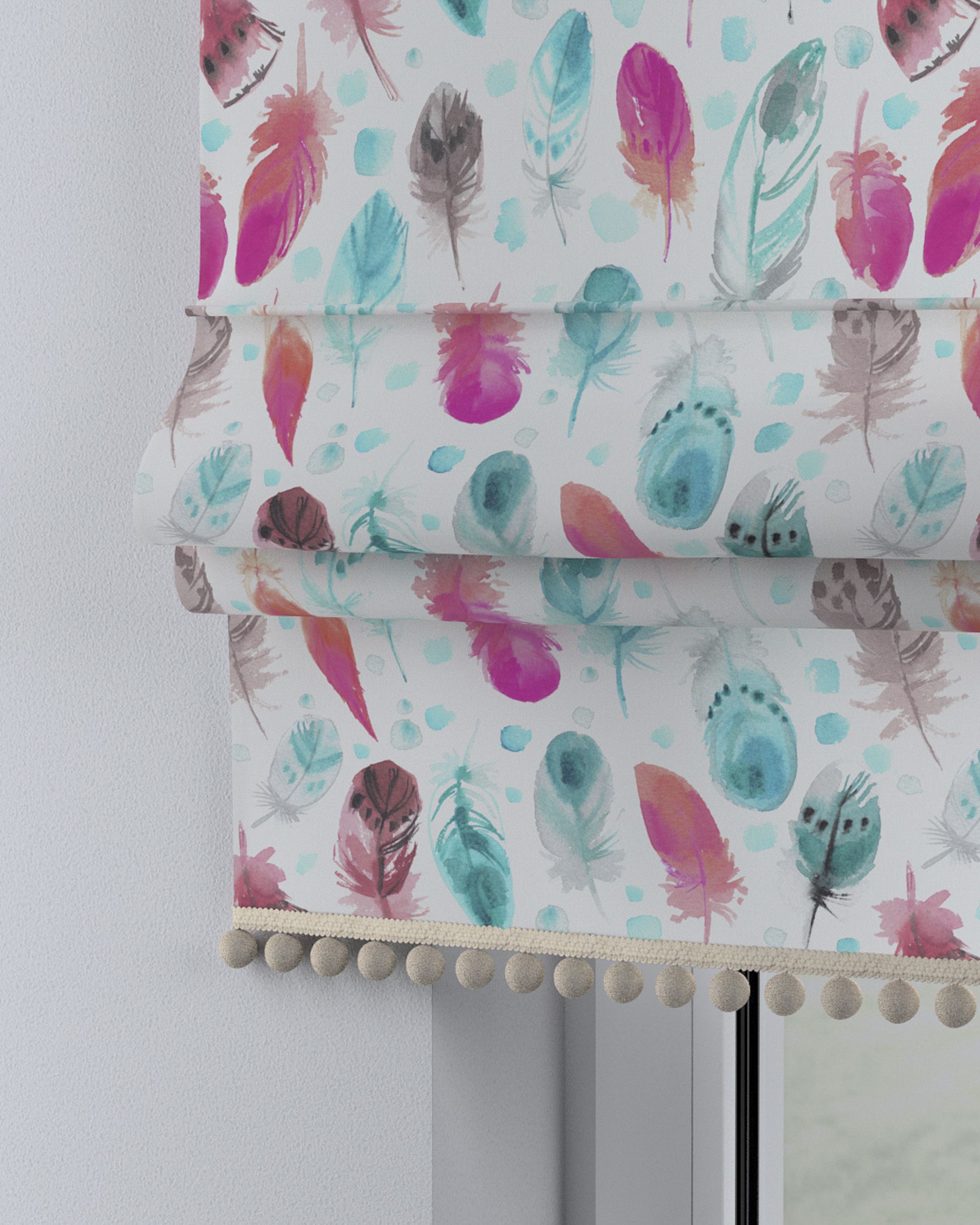 Roman blind with pompoms colour blue fabric patterned