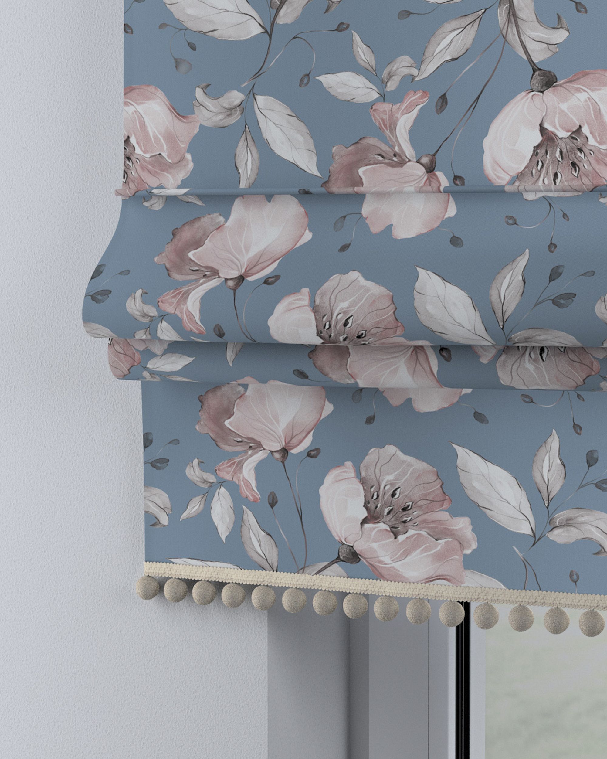 Roman blind with pompoms colour blue fabric patterned