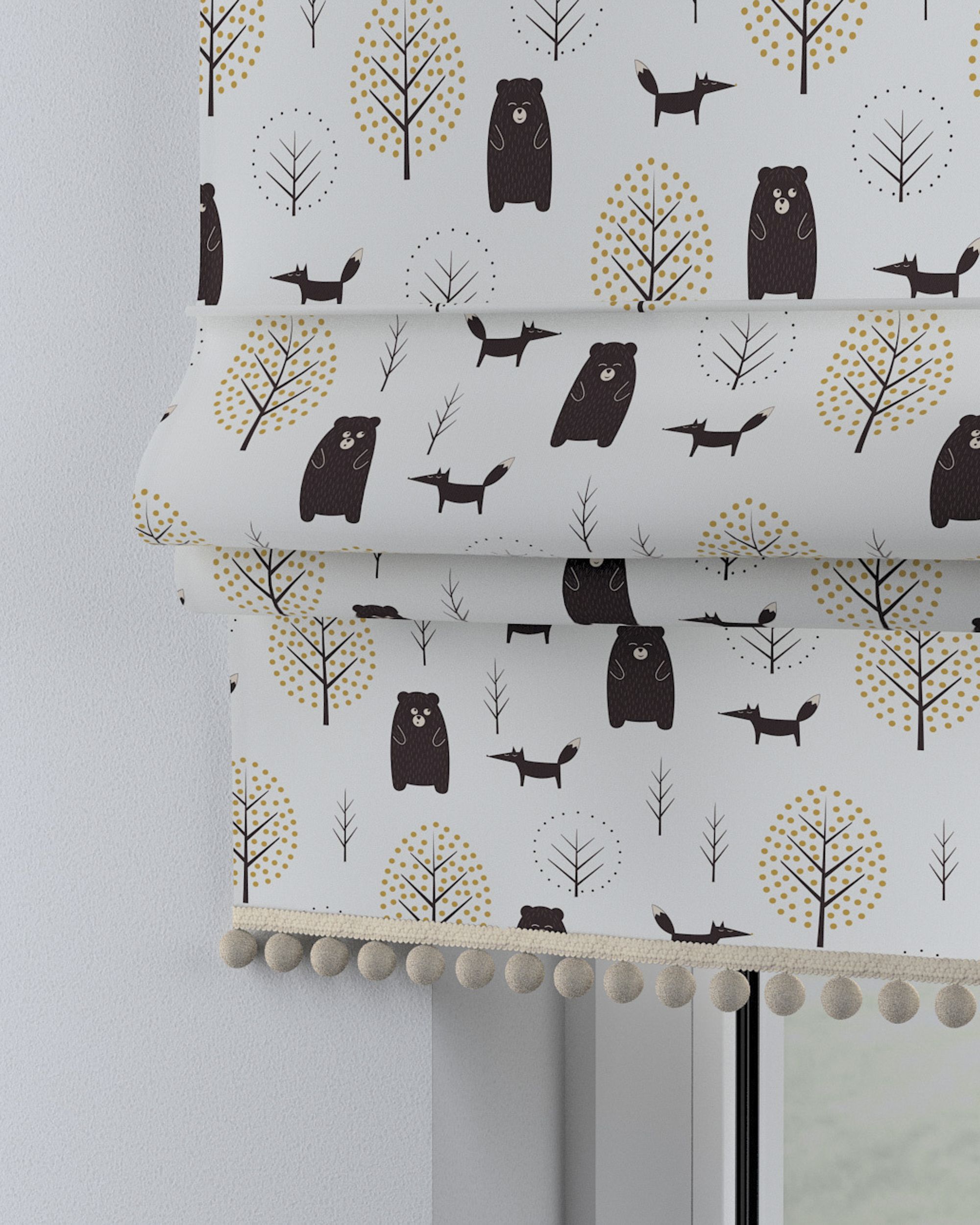 Roman blind with pompoms colour brown fabric patterned