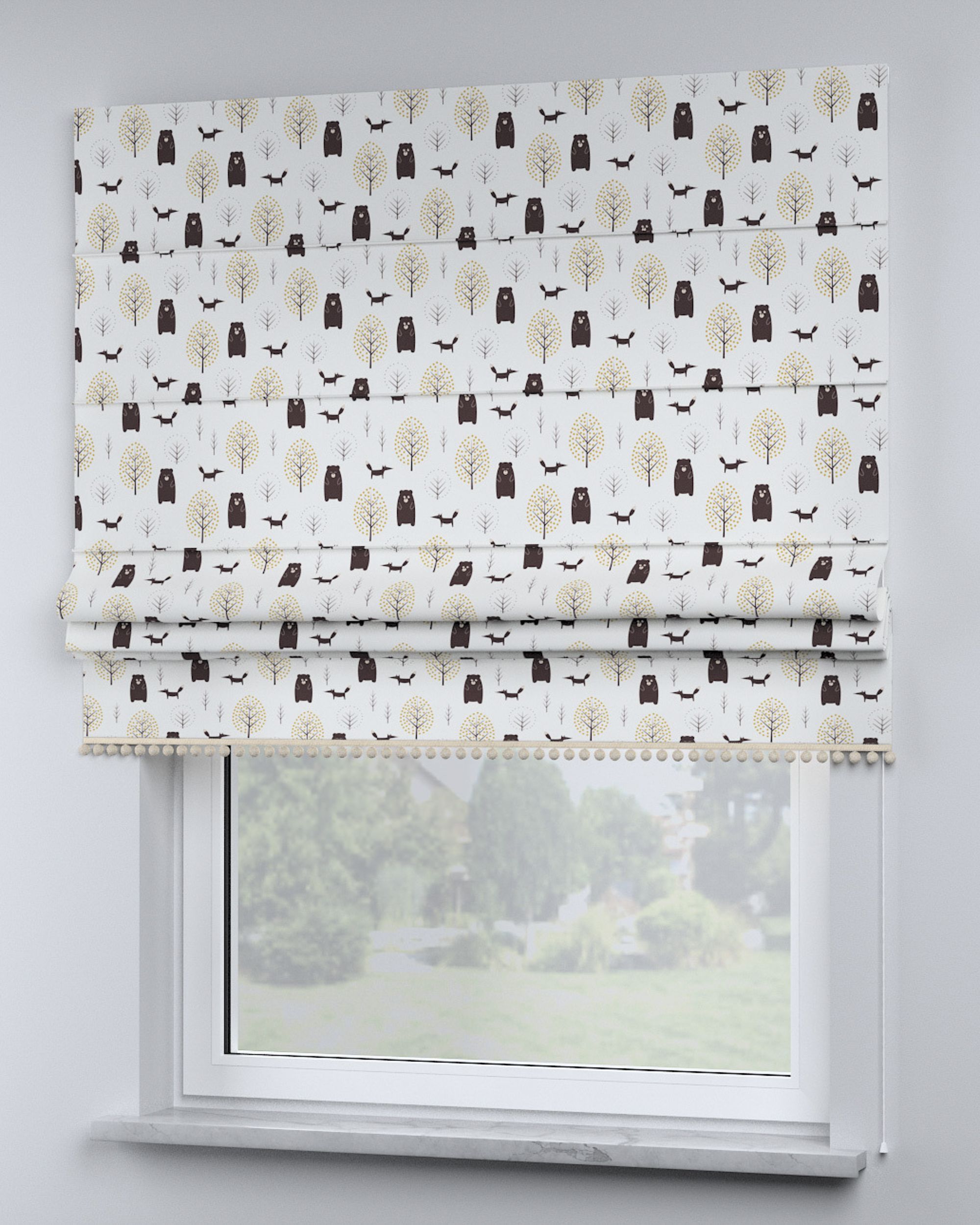 Roman blind with pompoms colour brown fabric patterned (hover)