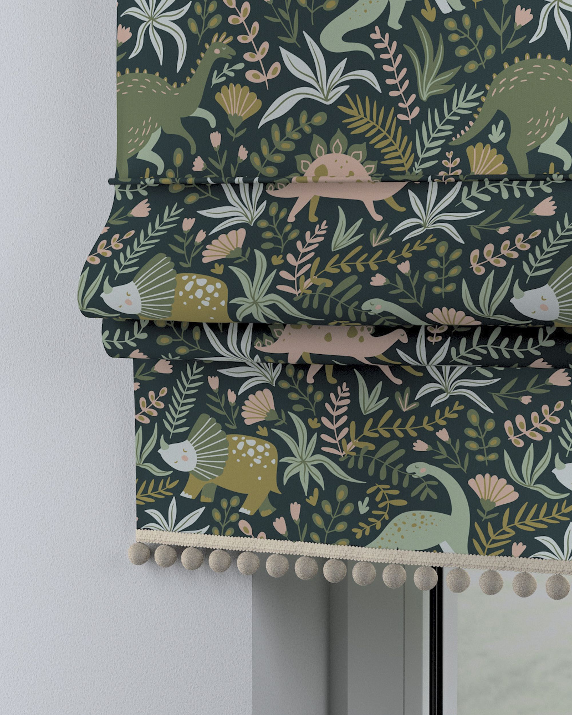 Roman blind with pompoms colour green fabric patterned