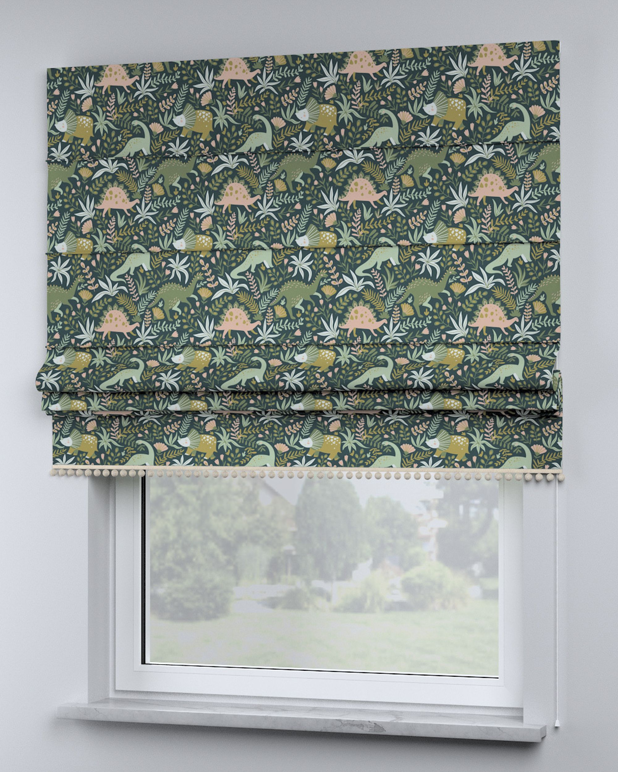 Roman blind with pompoms colour green fabric patterned (hover)