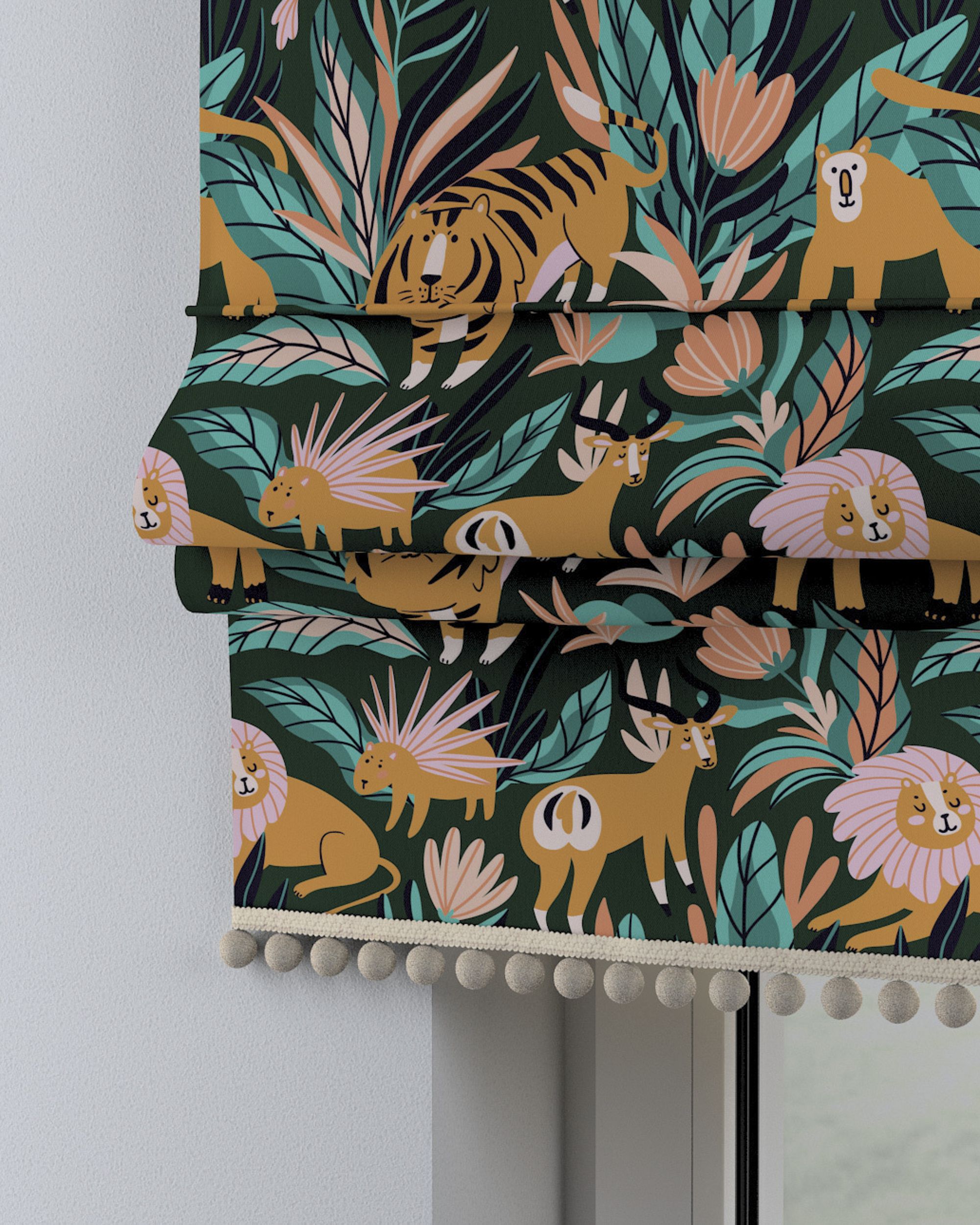 Roman blind with pompoms colour orange fabric patterned
