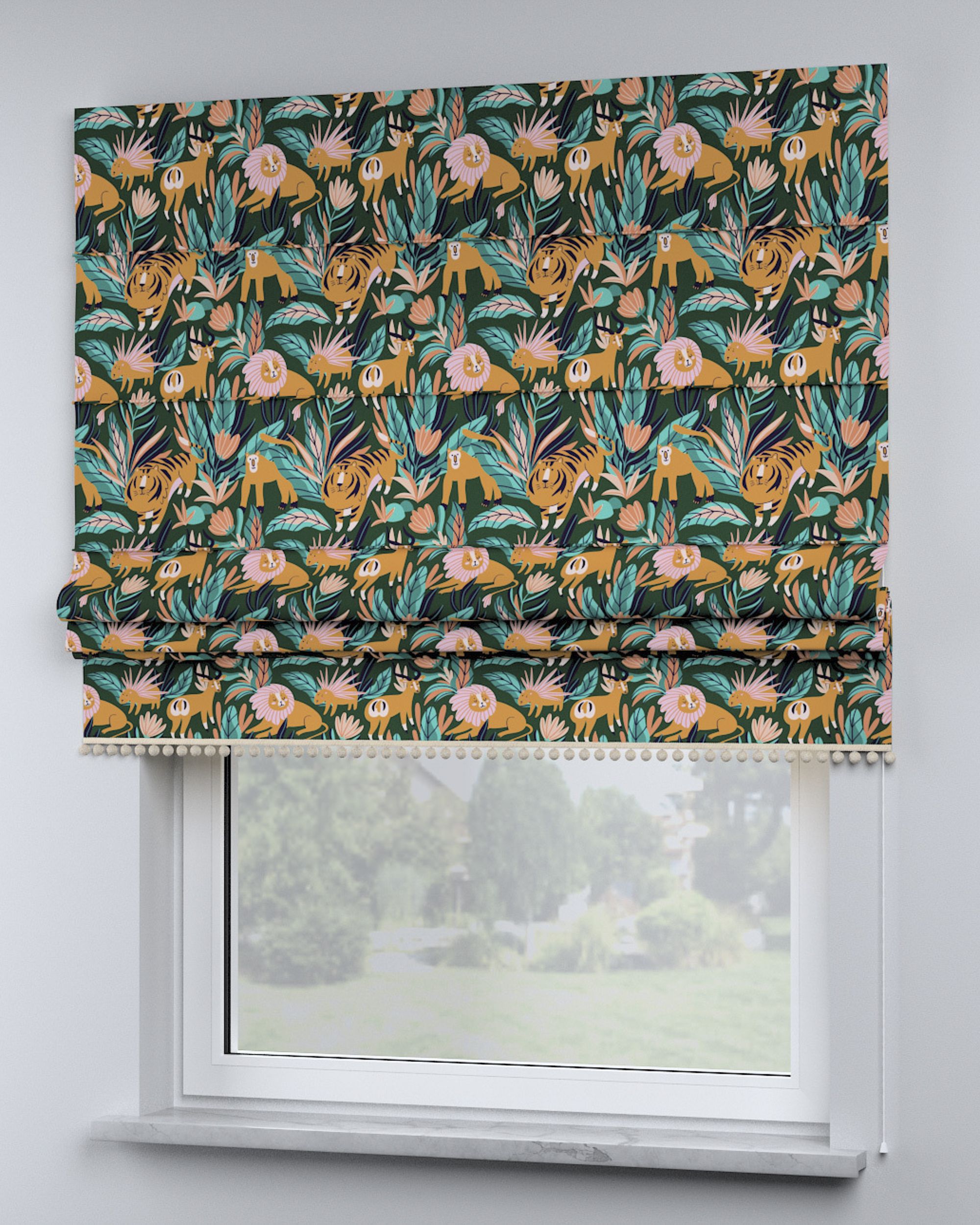 Roman blind with pompoms colour orange fabric patterned (hover)