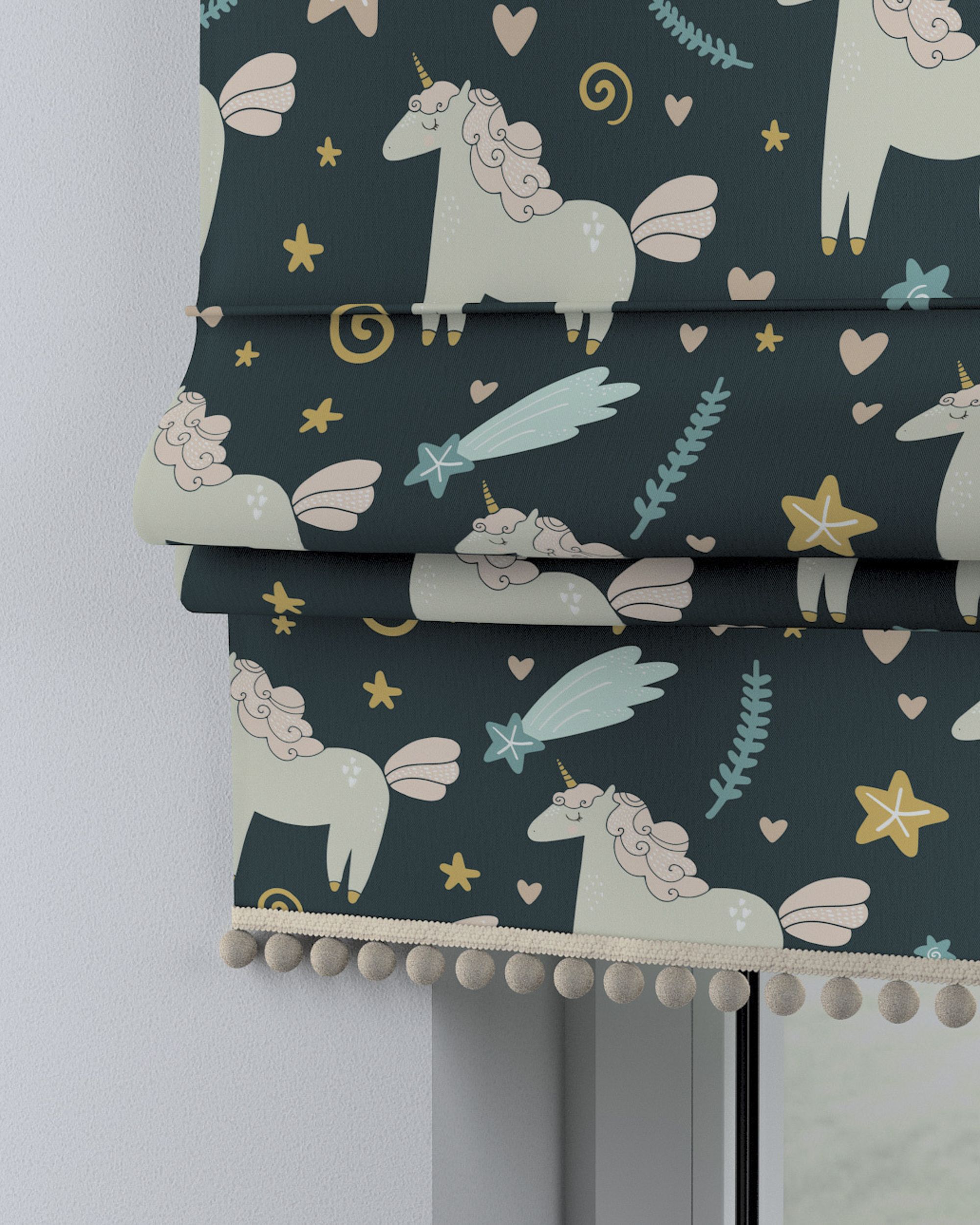 Roman blind with pompoms colour brown fabric patterned