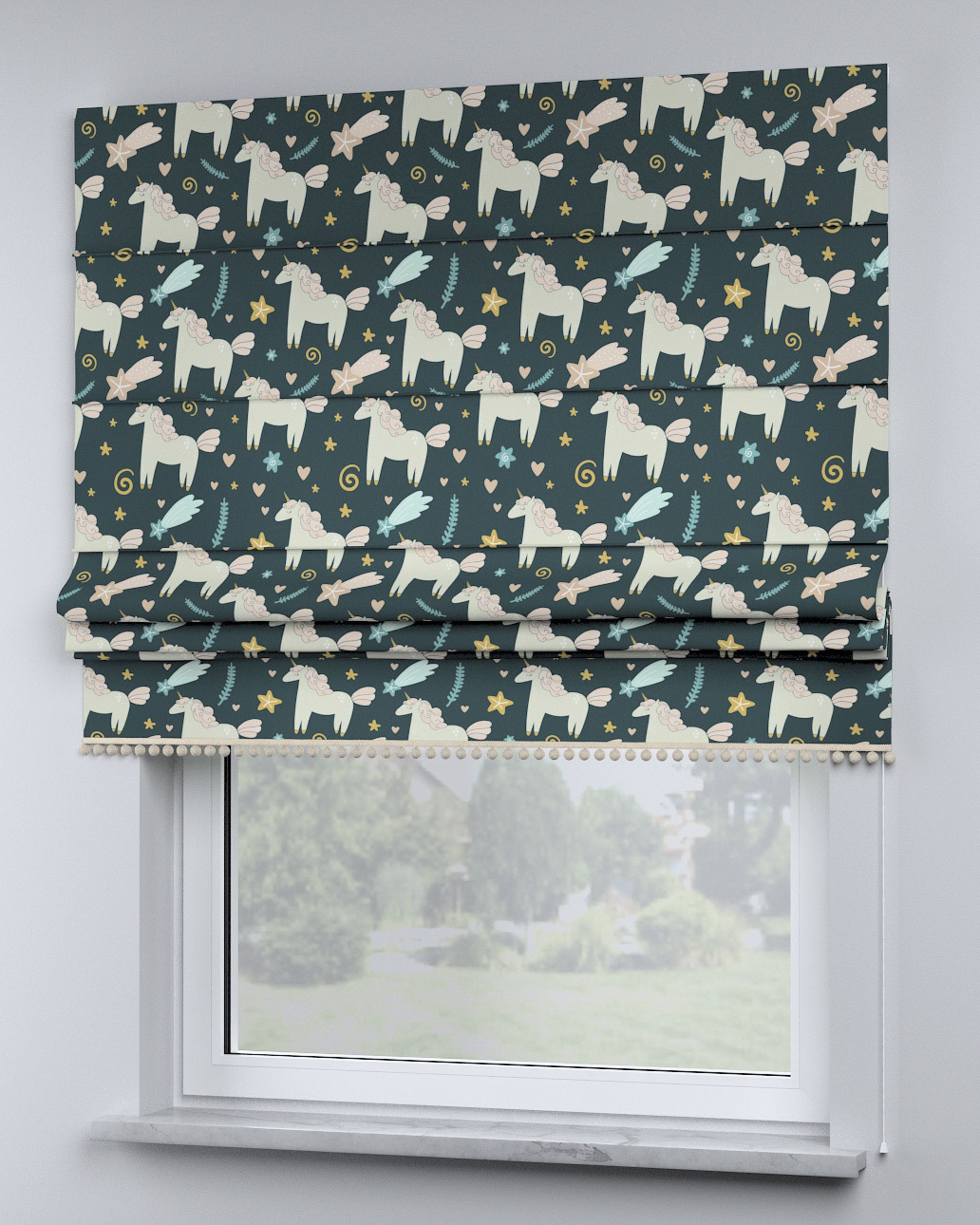 Roman blind with pompoms colour brown fabric patterned (hover)