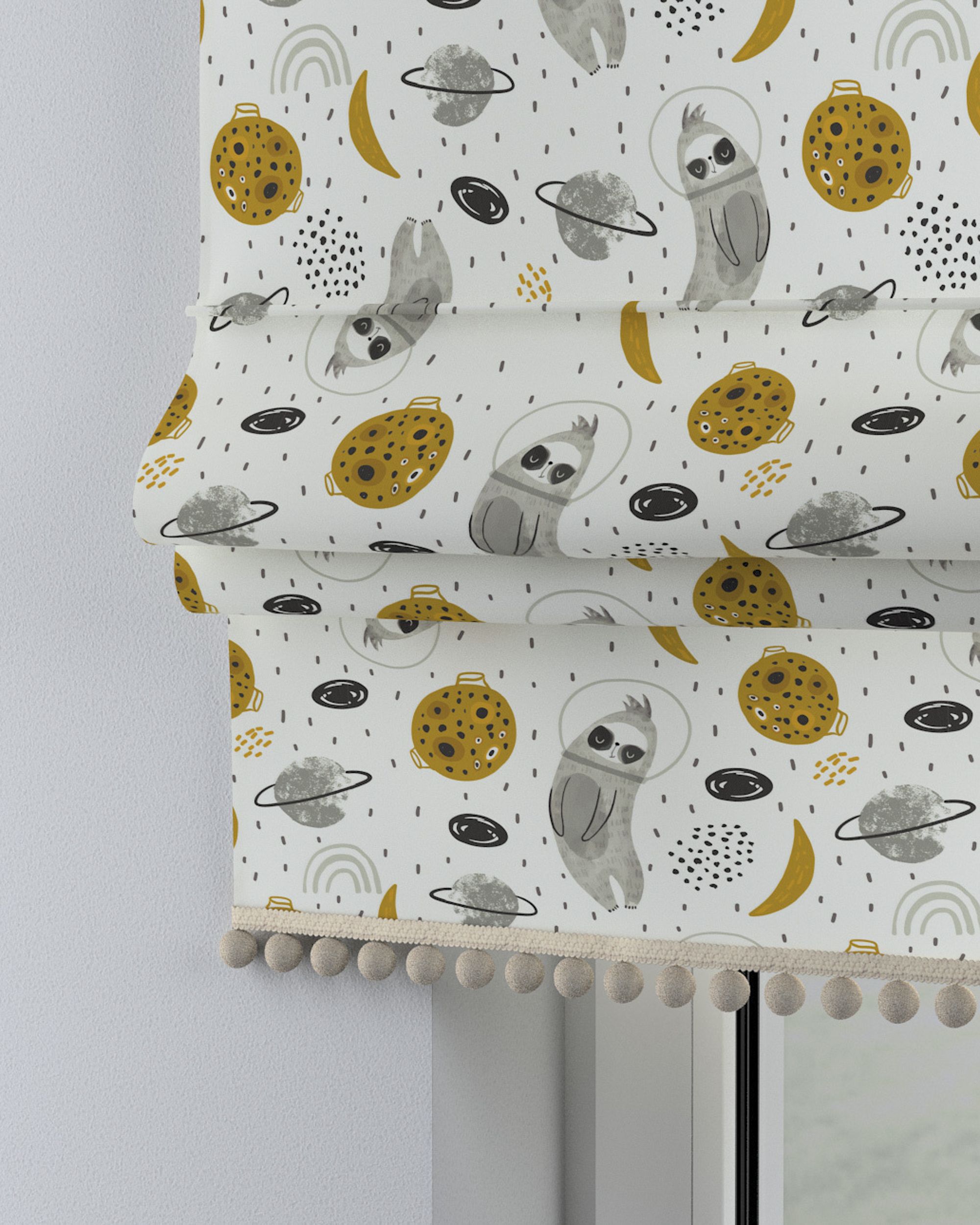 Roman blind with pompoms colour white fabric patterned
