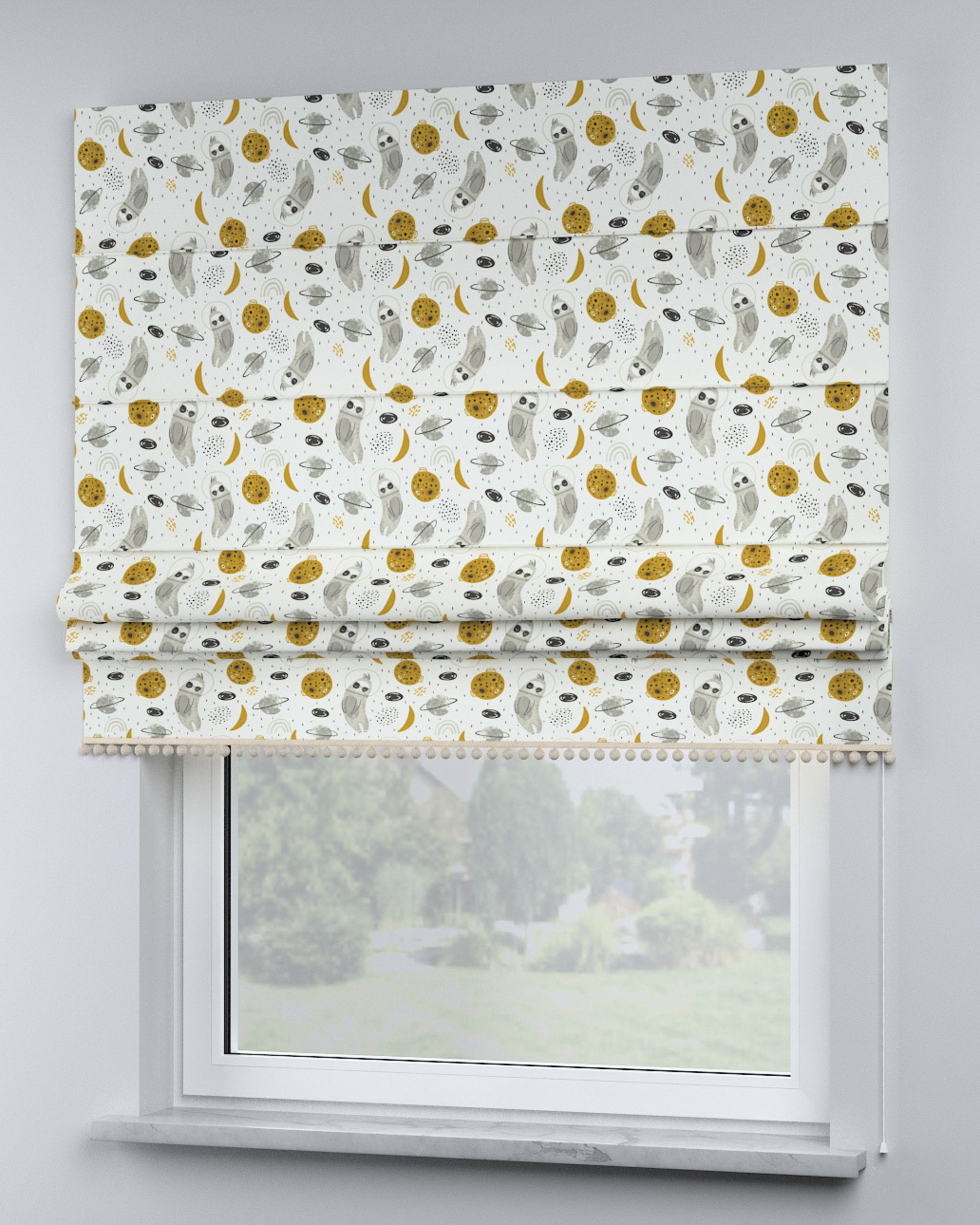 Roman blind with pompoms colour white fabric patterned (hover)