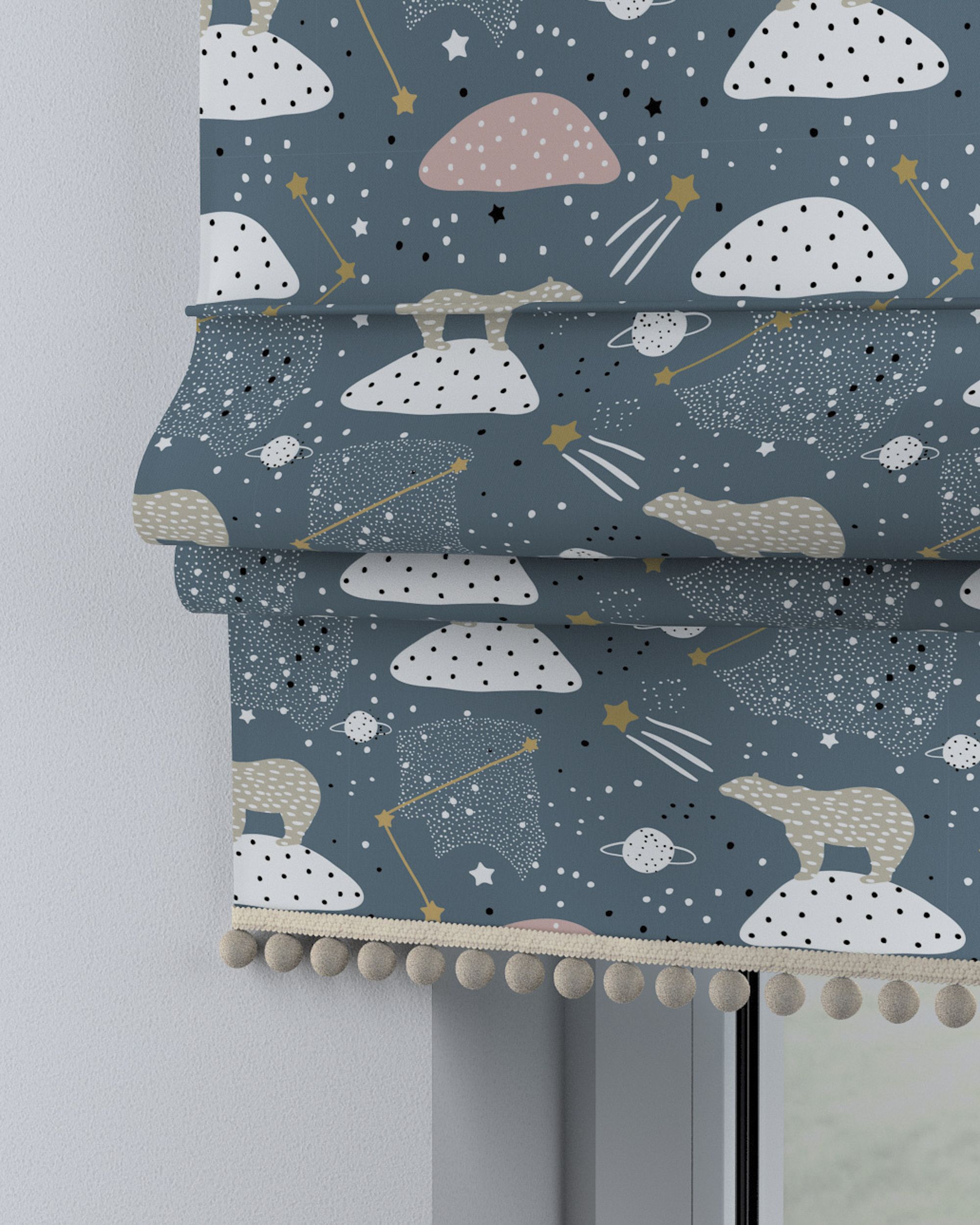 Roman blind with pompoms colour blue fabric patterned