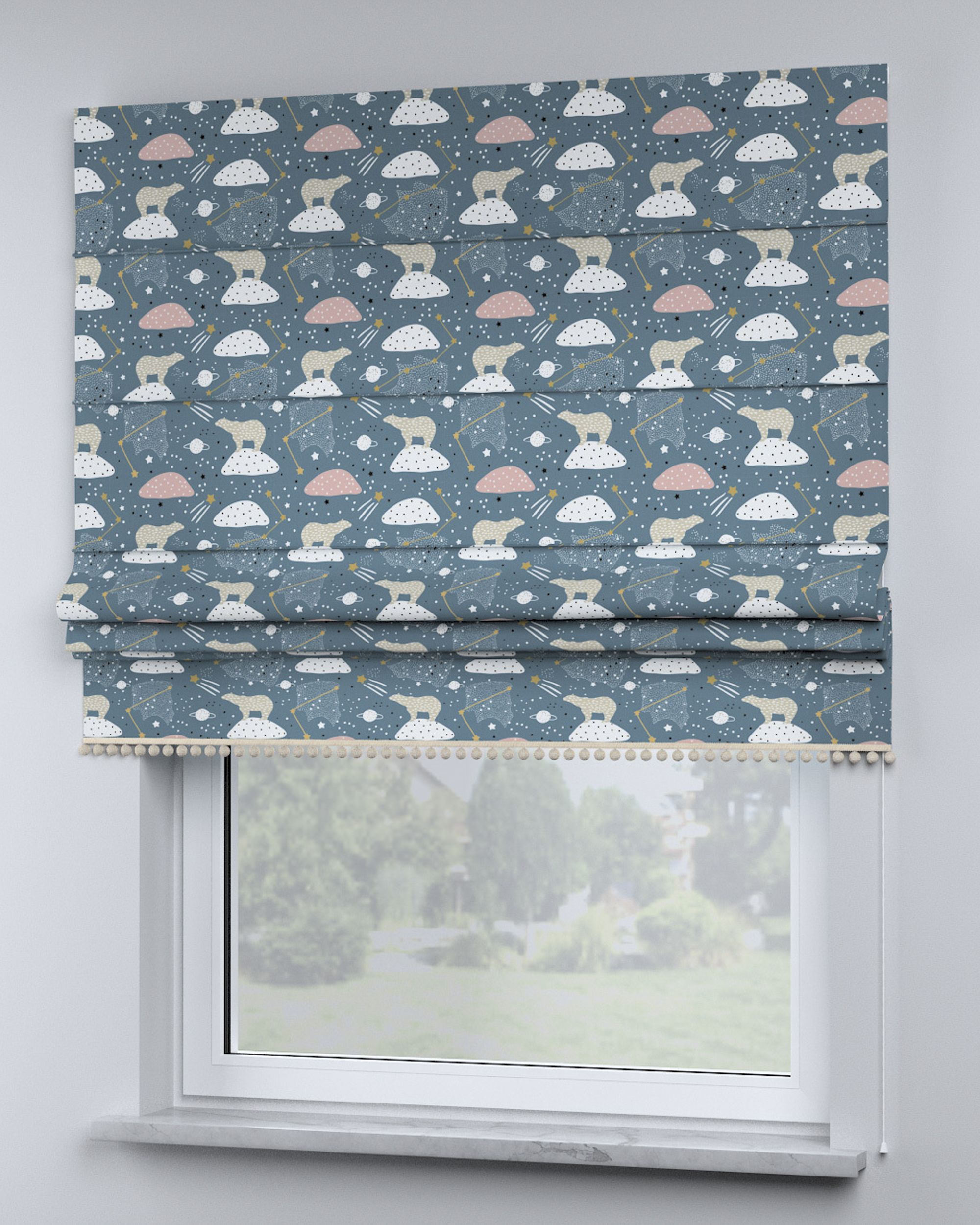 Roman blind with pompoms colour blue fabric patterned (hover)