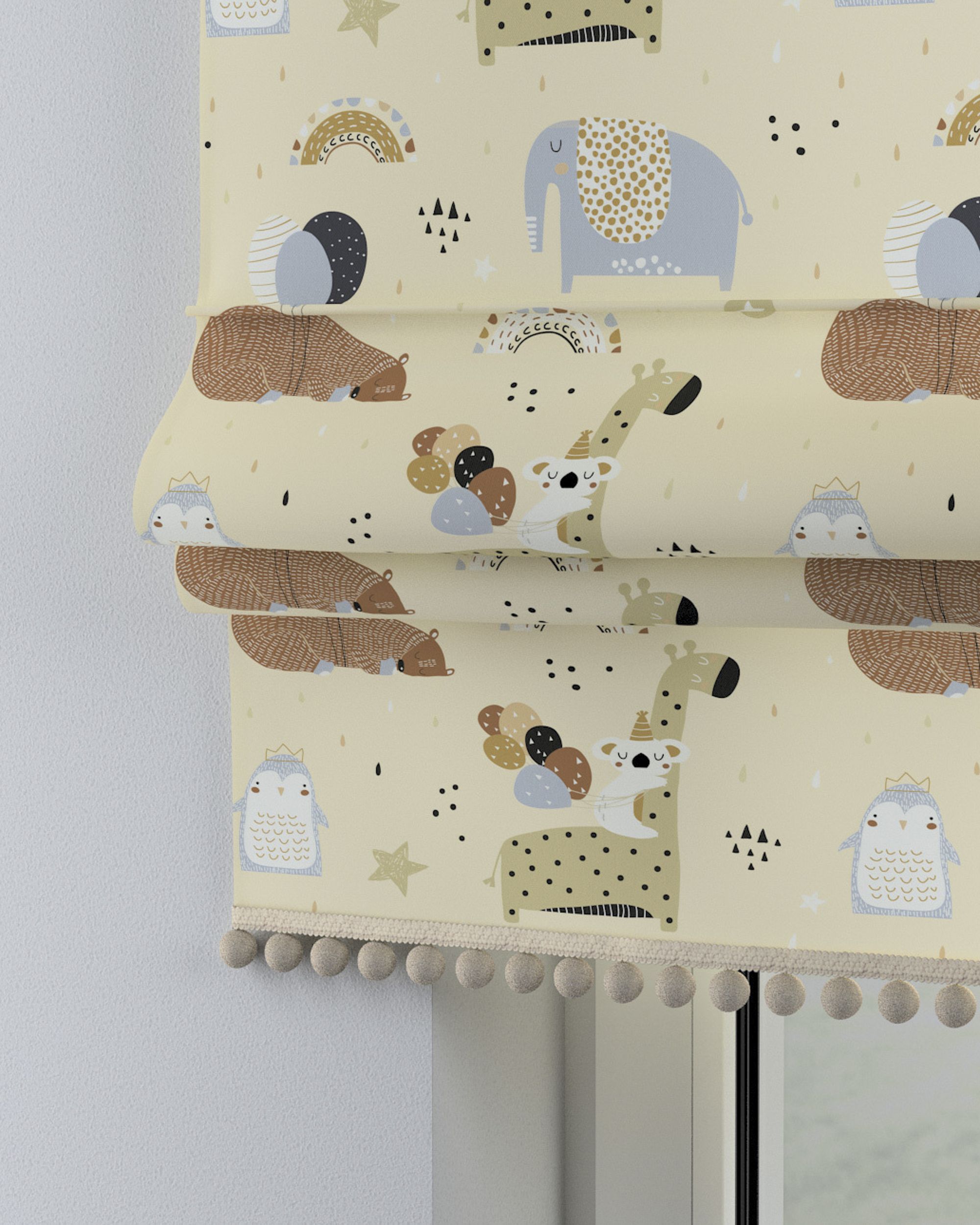 Roman blind with pompoms colour beige fabric patterned