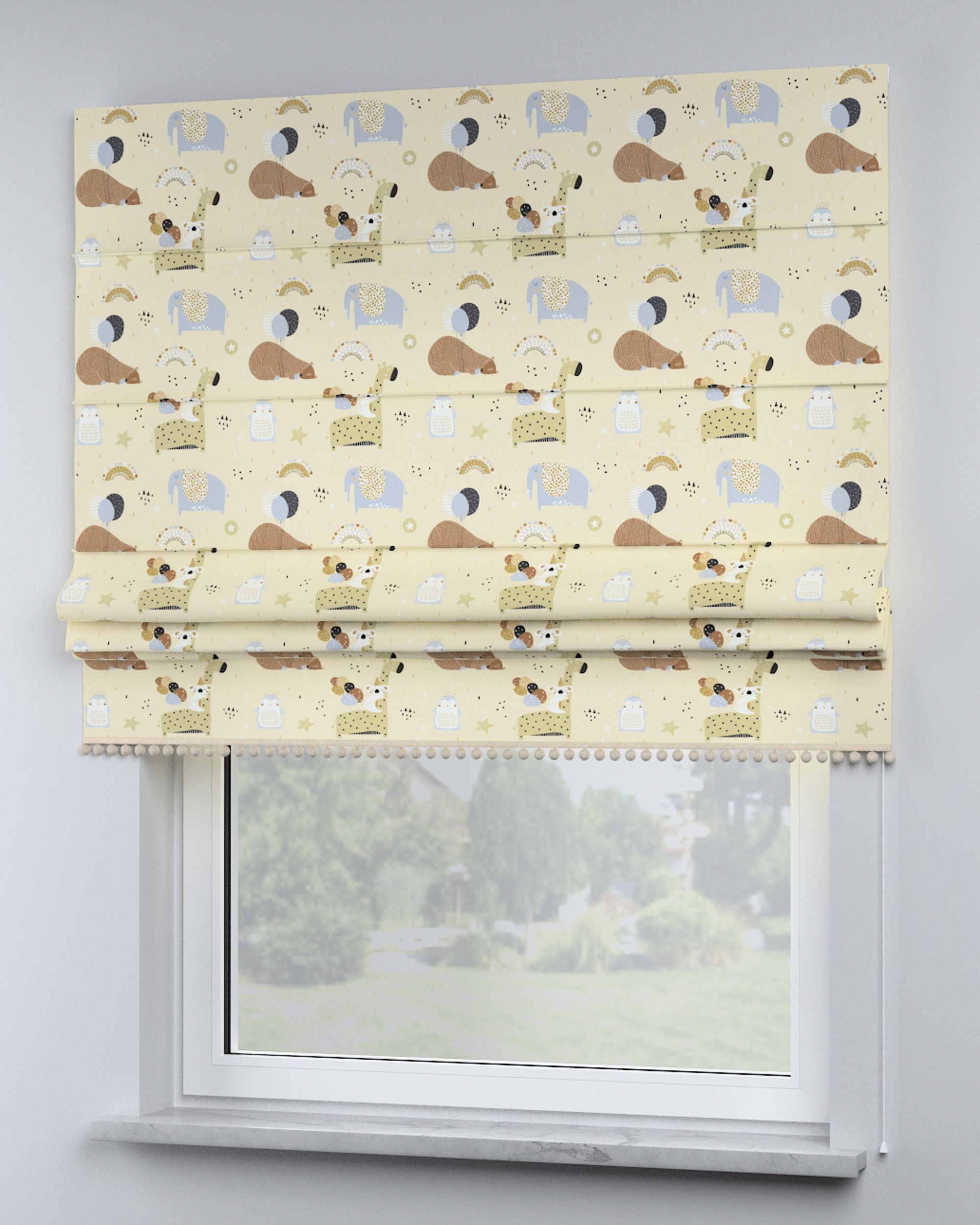 Roman blind with pompoms colour beige fabric patterned (hover)