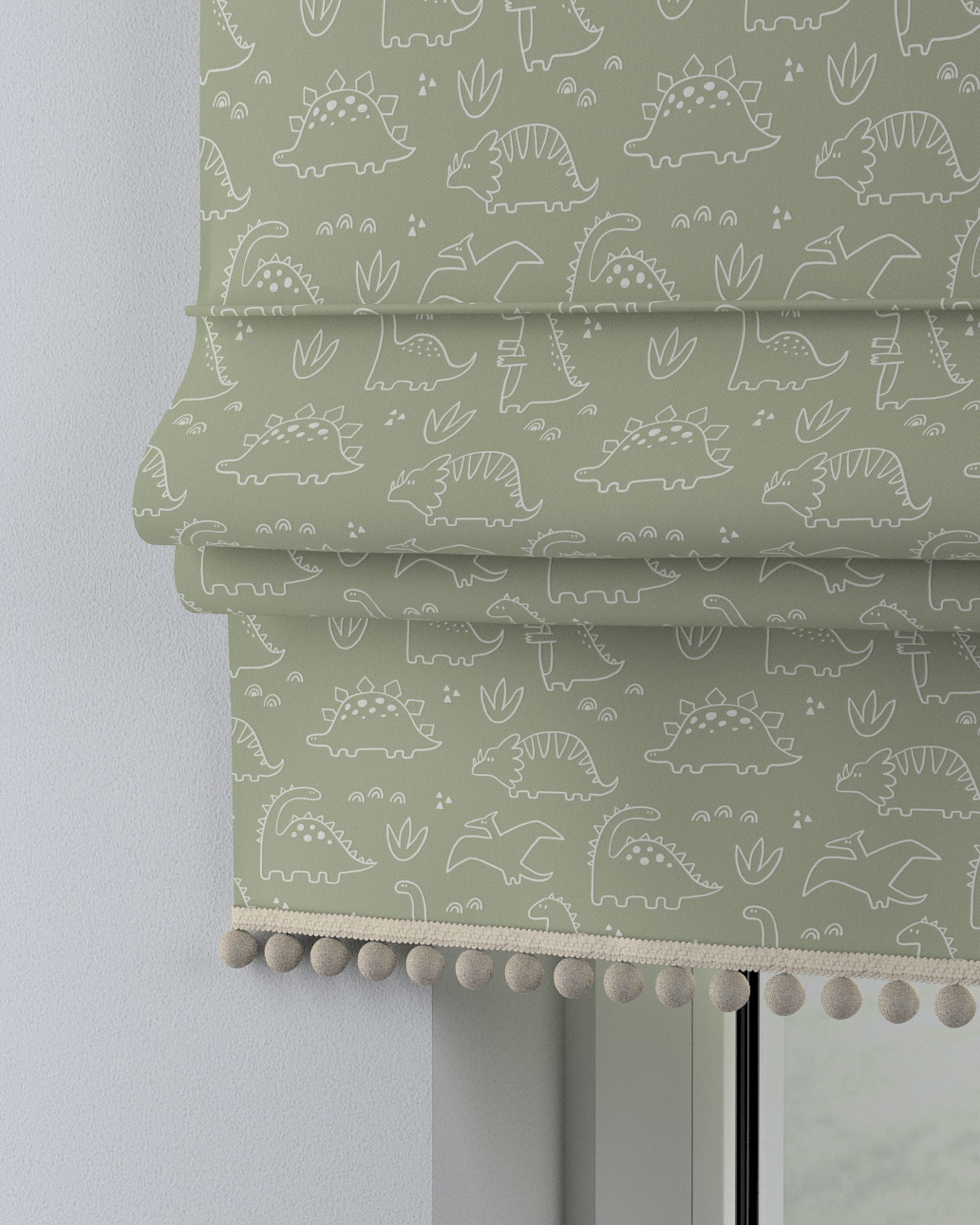 Roman blind with pompoms colour green fabric patterned