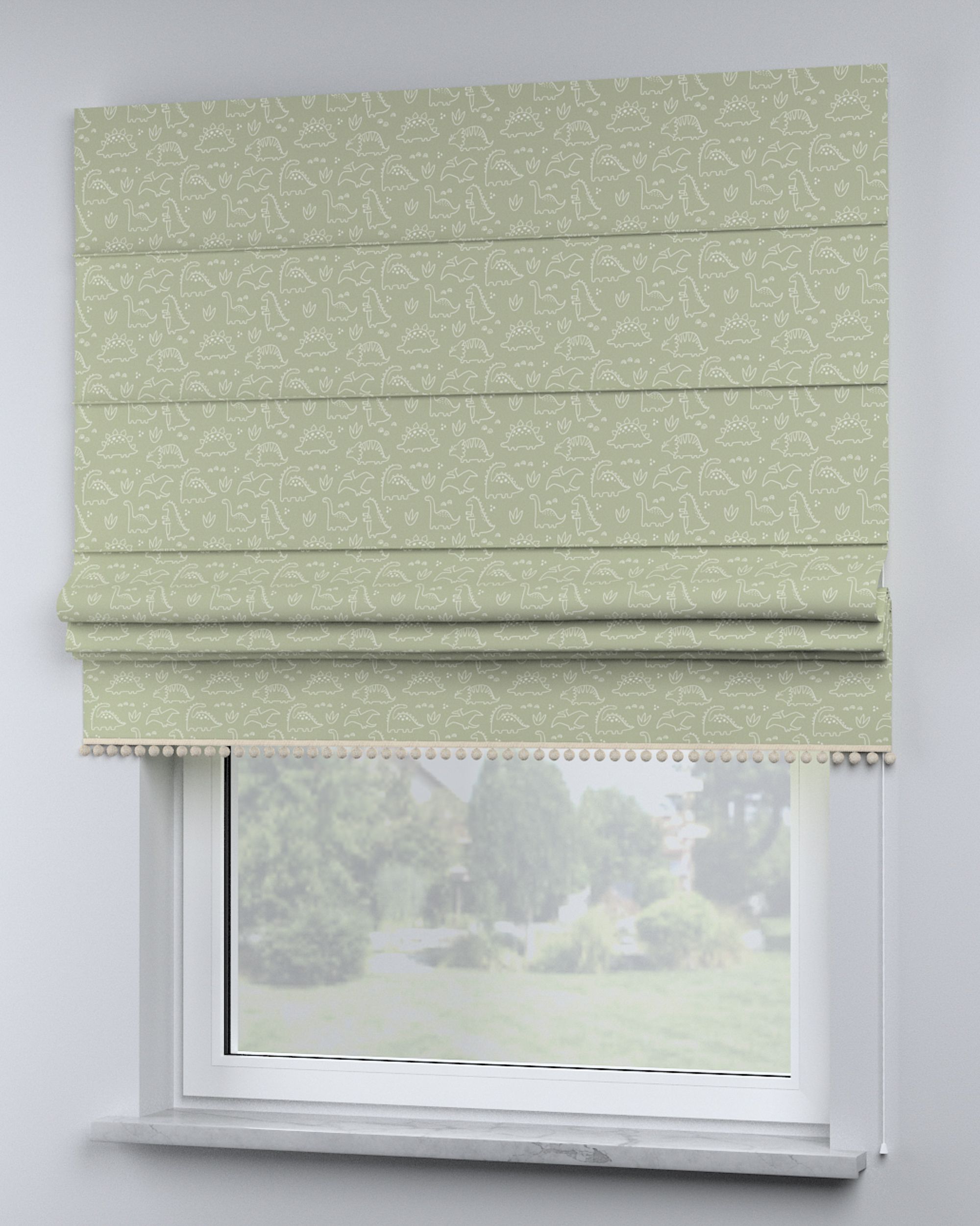 Roman blind with pompoms colour green fabric patterned (hover)