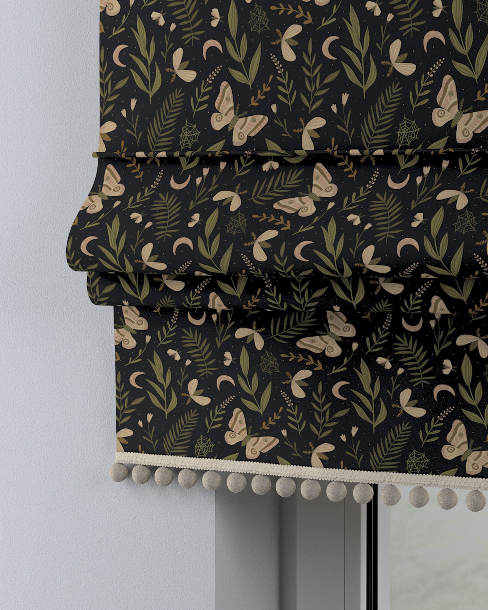 Roman blind with pompoms colour black fabric patterned