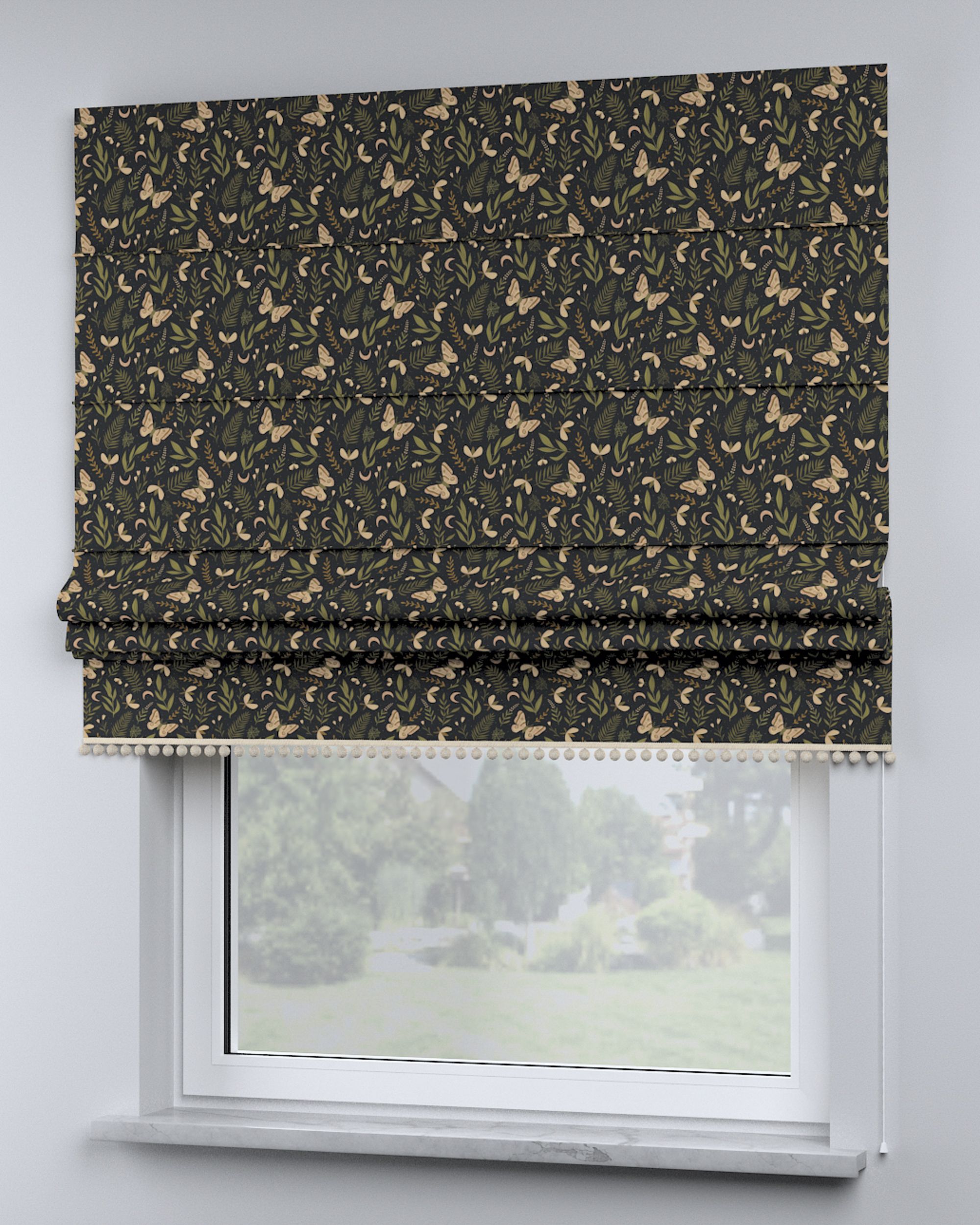 Roman blind with pompoms colour black fabric patterned (hover)