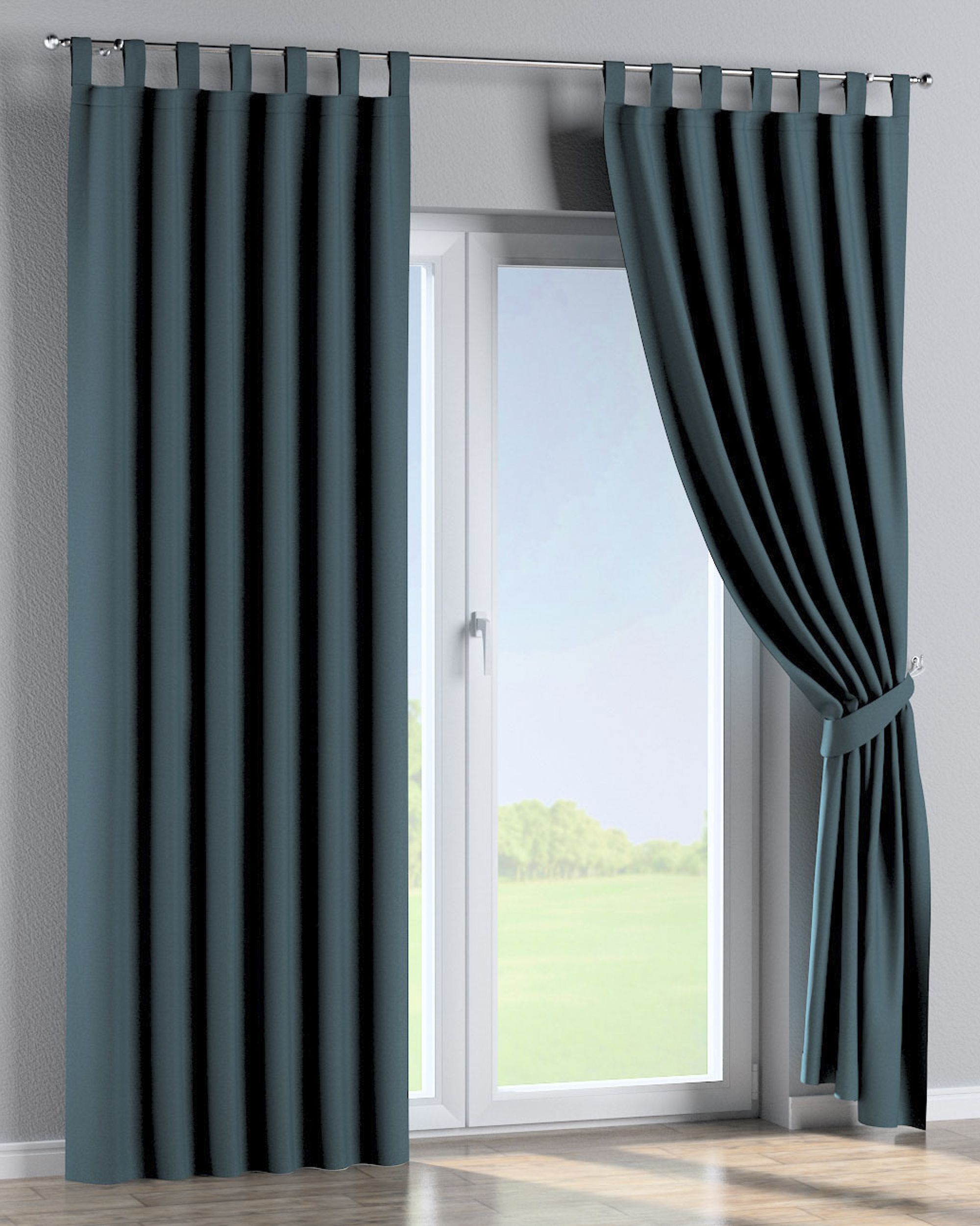 Tab top curtains colour blue fabric structured, blackout (hover)
