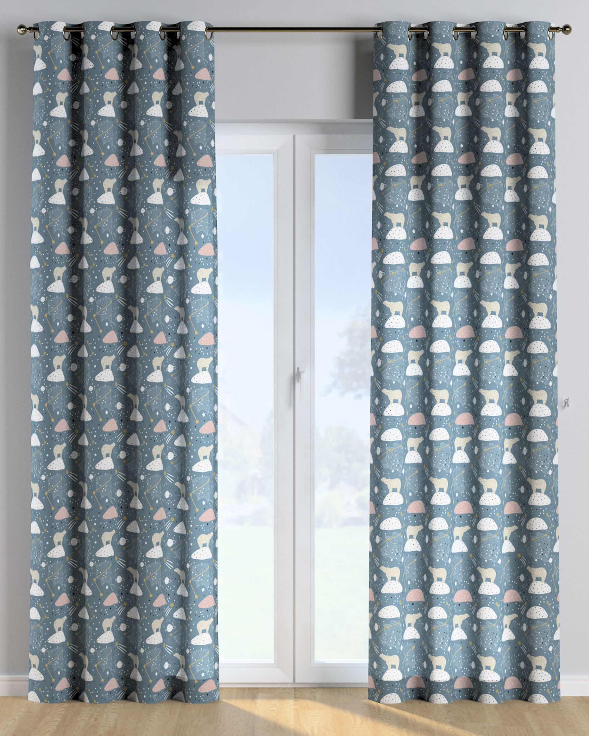 Eyelet curtains colour blue fabric patterned