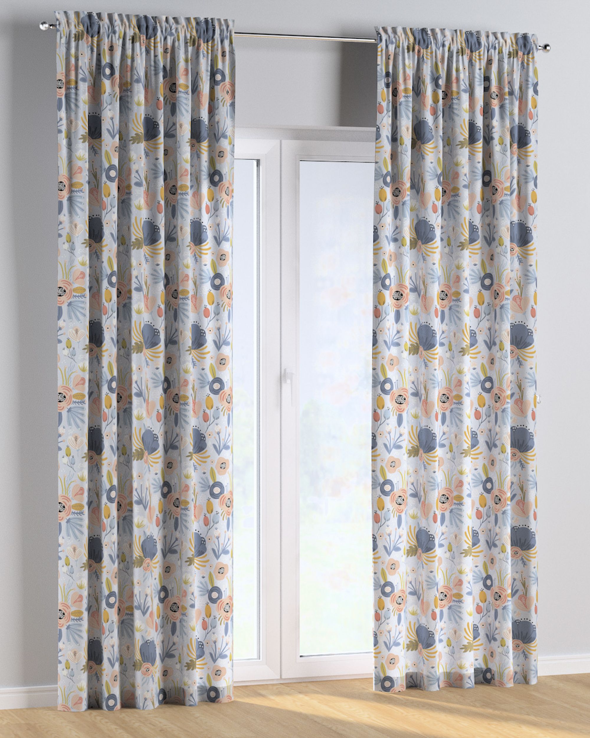 Slot and frill curtains colour blue fabric patterned