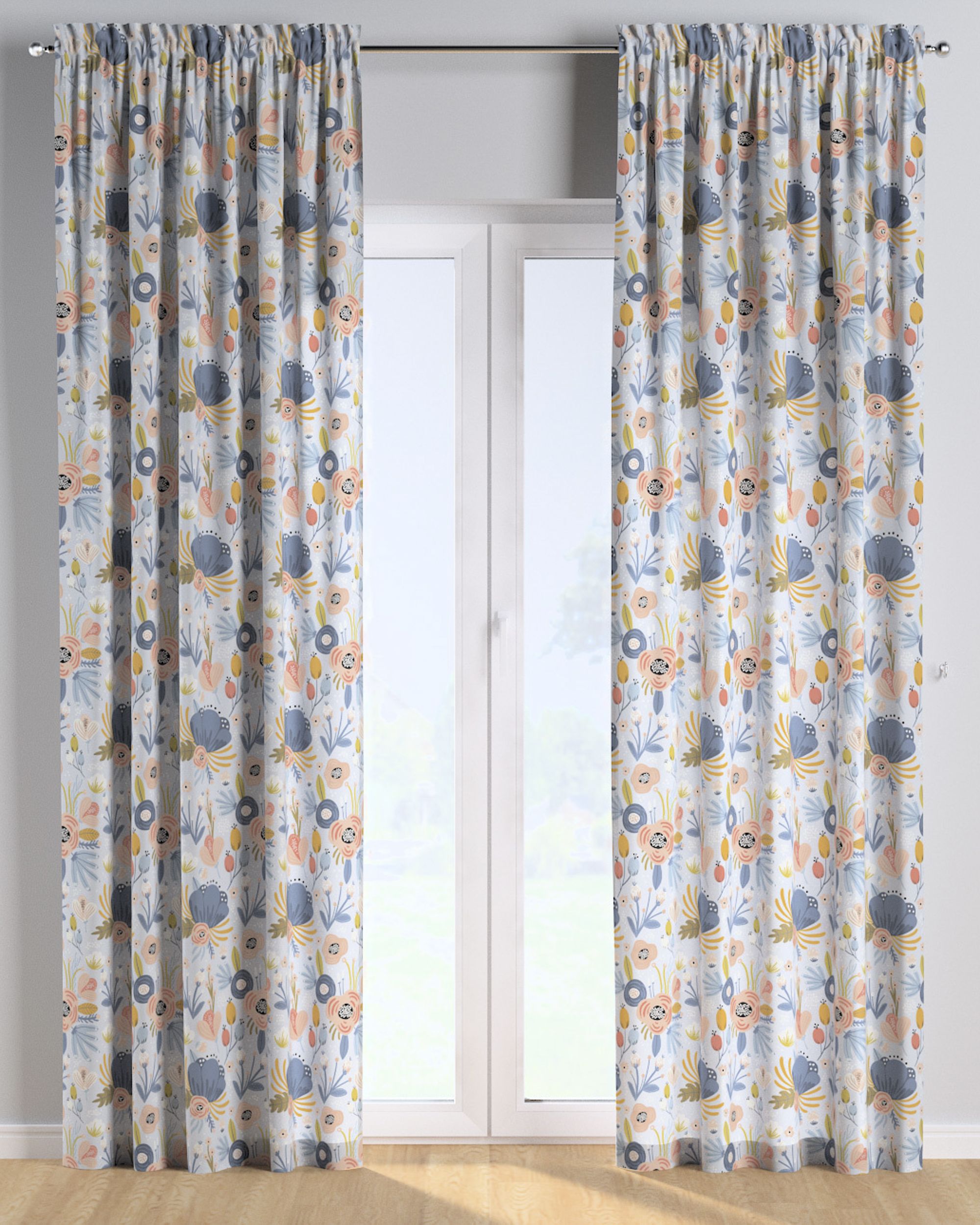 Slot and frill curtains colour blue fabric patterned (hover)