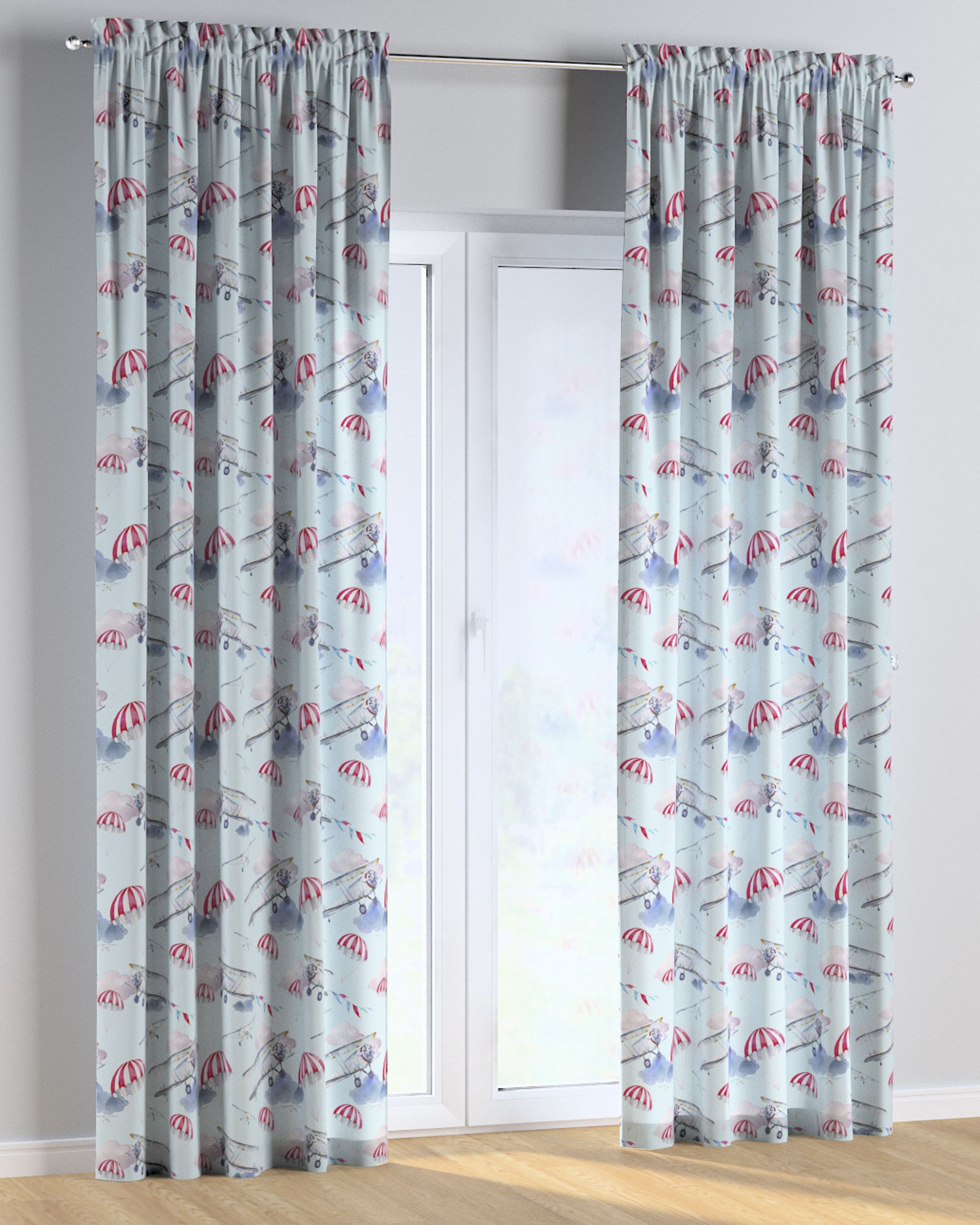 Slot and frill curtains colour blue fabric patterned