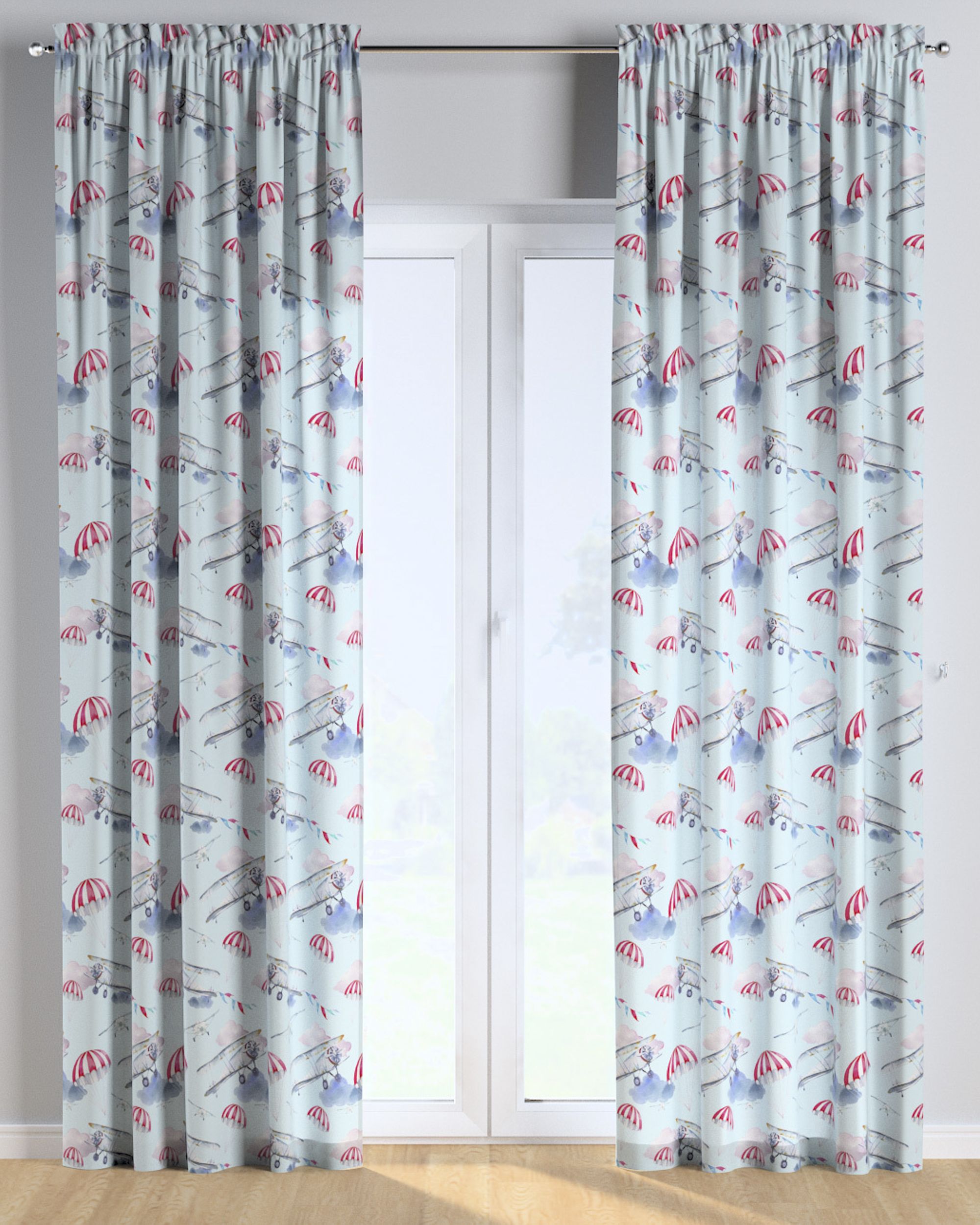 Slot and frill curtains colour blue fabric patterned (hover)