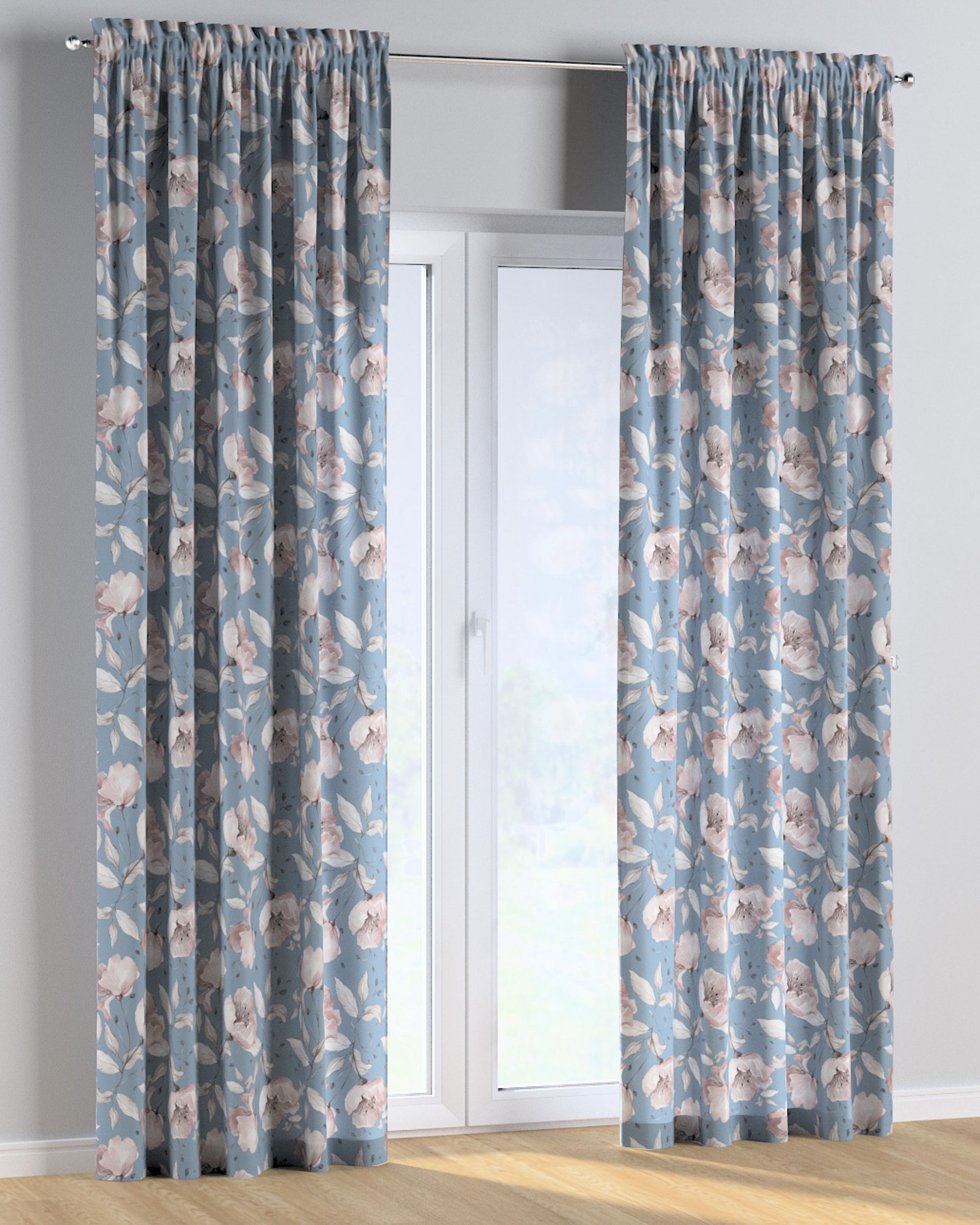 Slot and frill curtains colour blue fabric patterned