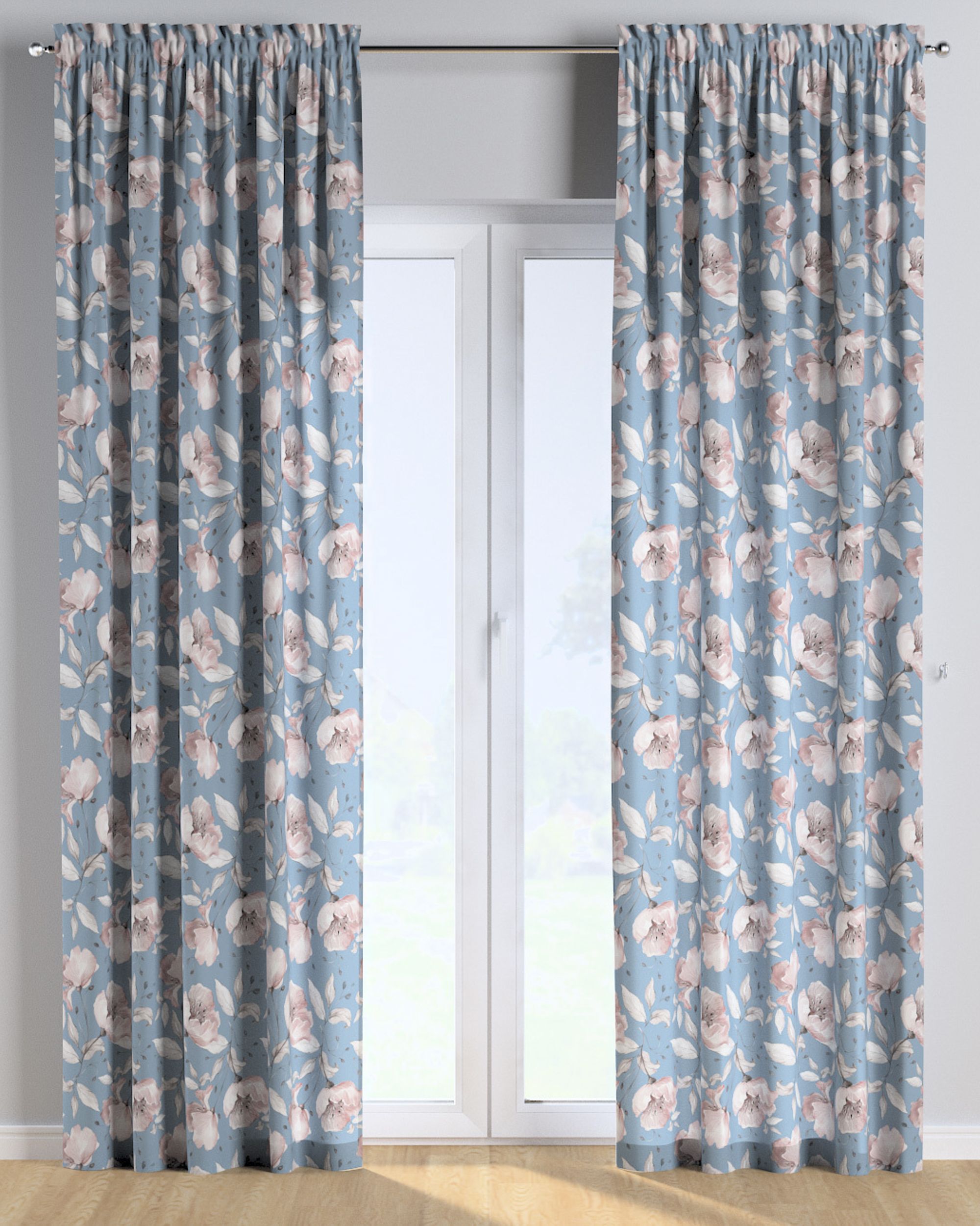 Slot and frill curtains colour blue fabric patterned (hover)