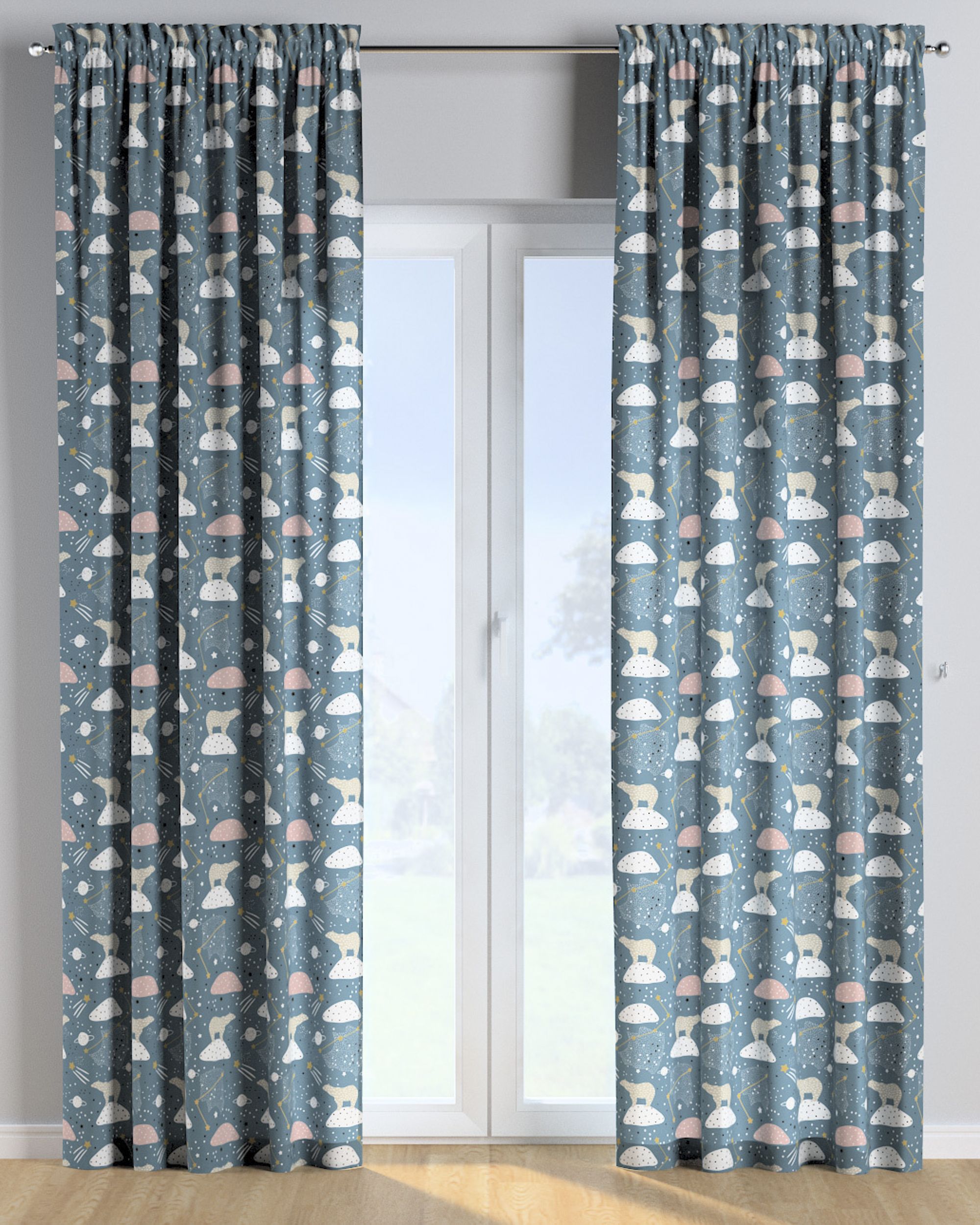 Slot and frill curtains colour blue fabric patterned