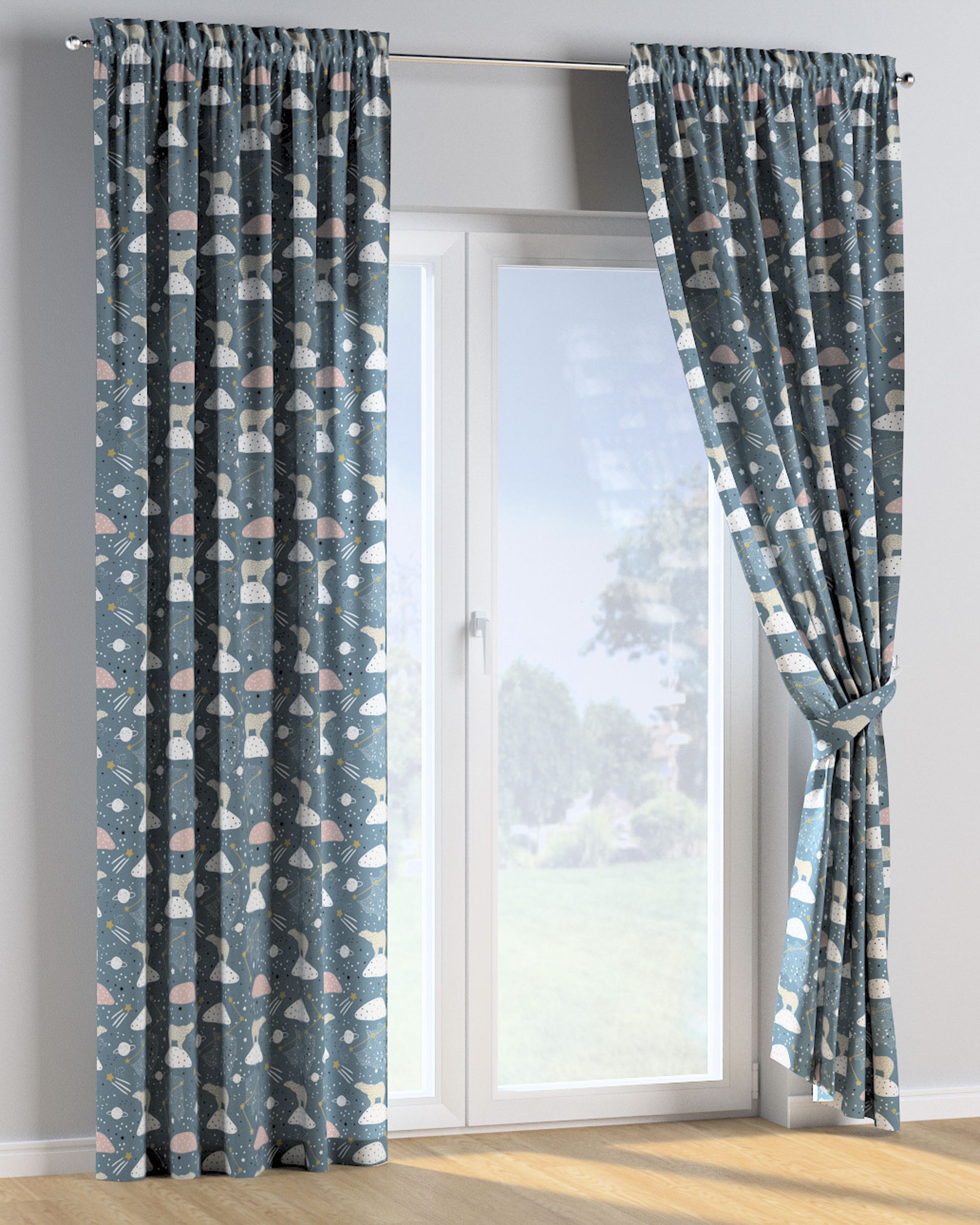 Slot and frill curtains colour blue fabric patterned (hover)