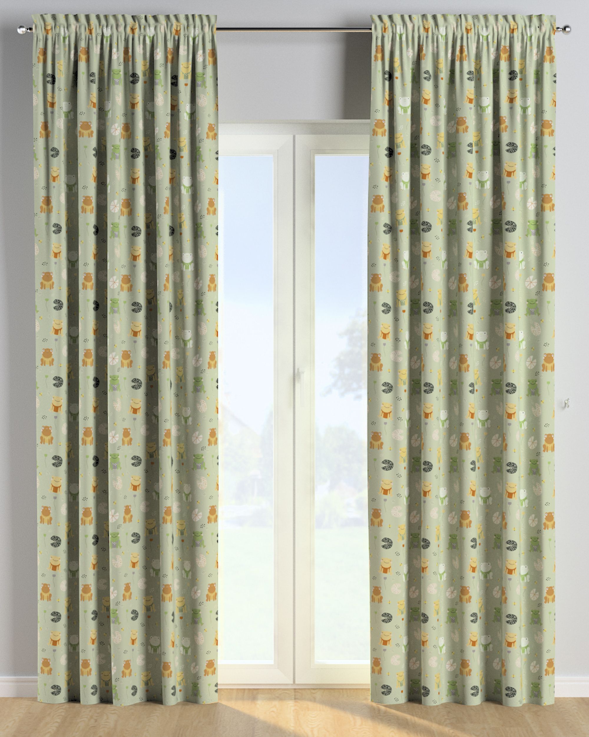 Slot and frill curtains colour green fabric patterned