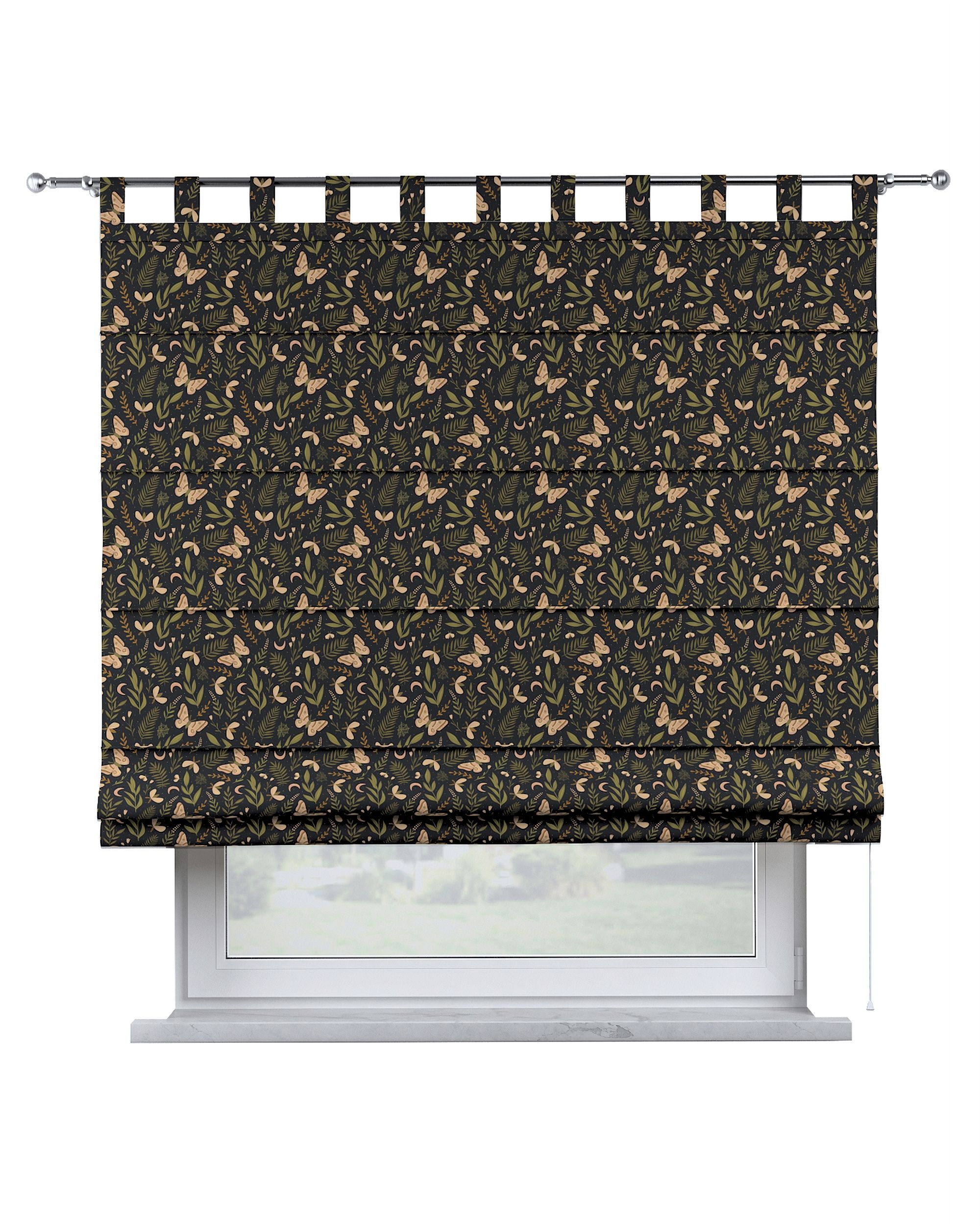 Oli tab top roman blind colour black fabric patterned